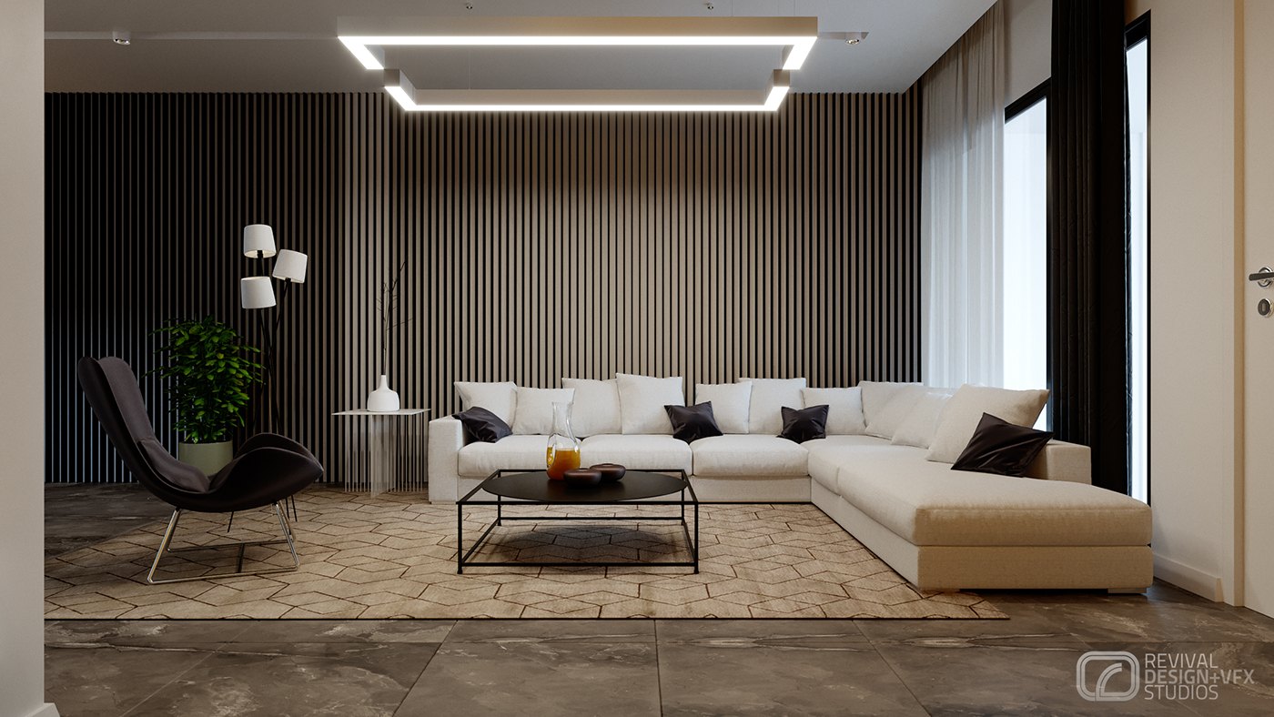 Alternate-angle interior living-room render of the L-shaped cream sofa against the dark timber-slat wall, black lounge chair and coffee table on the textured rug beneath the recessed cove-lit ceiling.