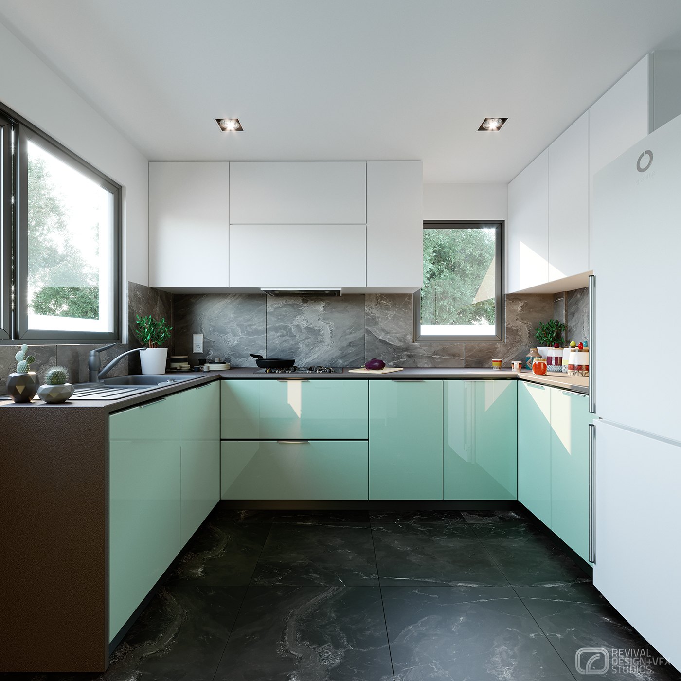 Alternate-angle interior kitchen render, glossy mint-green base cabinets with white wall units and dark stone worktops, the sink window bringing in daylight and downlights across the ceiling.