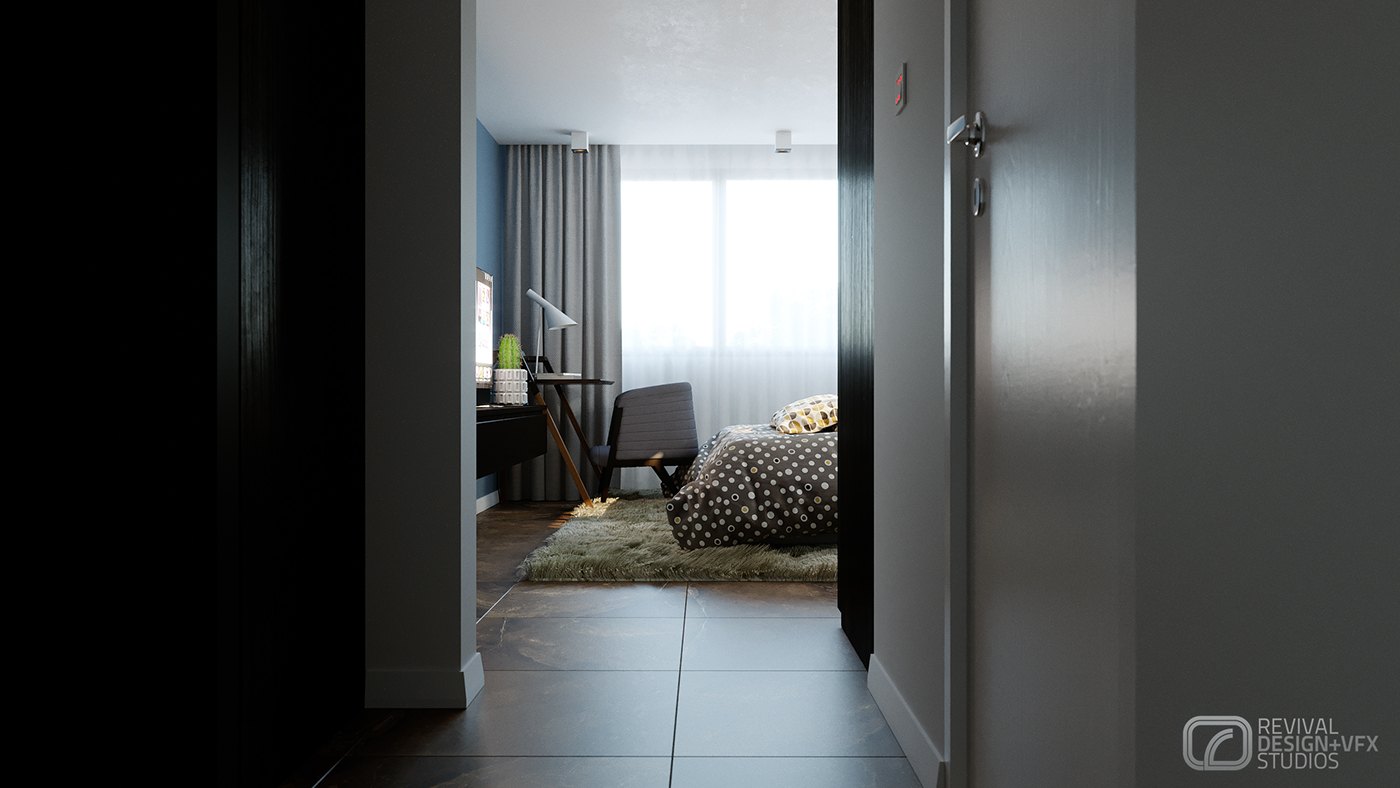 Interior view through a dark doorway into the lit bedroom beyond, the bed with its patterned throw set against a bright window, the near wall and doorframe cast in shadow.