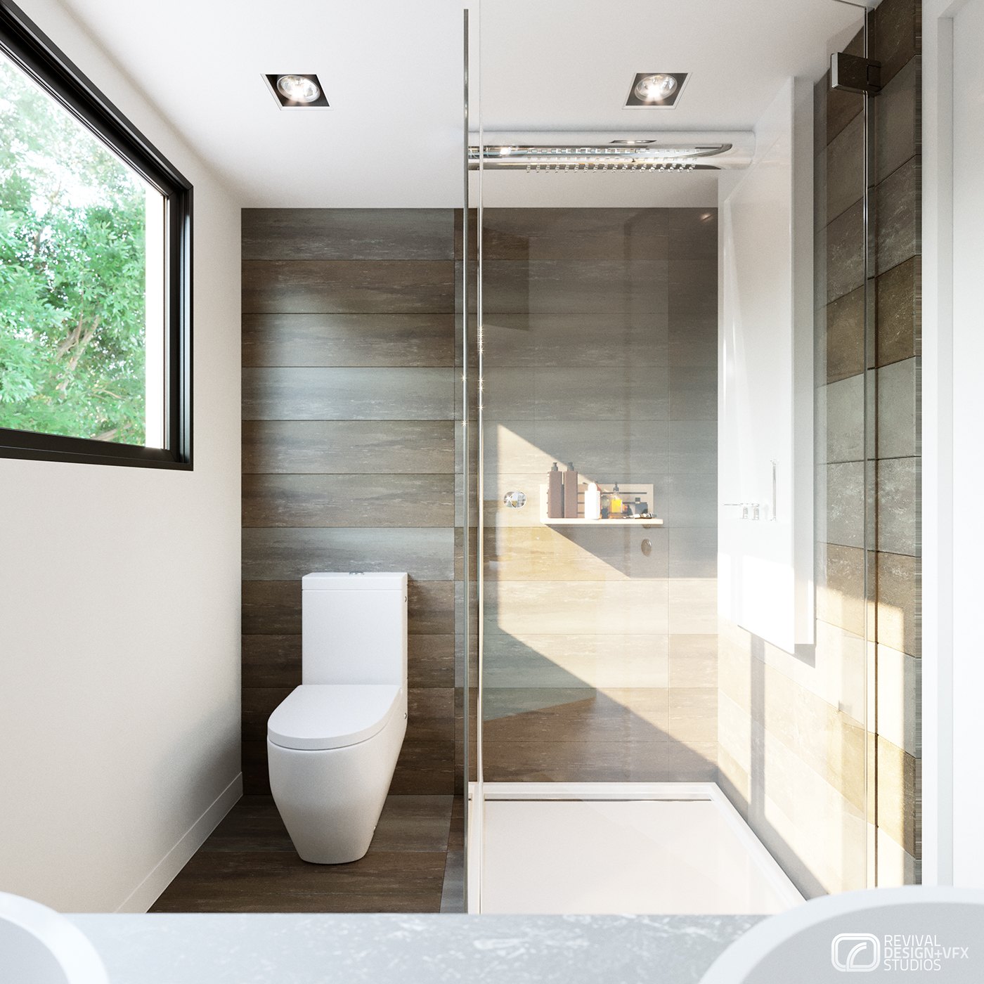Alternate-angle interior bathroom render, the wall-hung toilet beside the glass shower enclosure, a wood-look tiled feature wall and a window showing planting outside under recessed ceiling downlights.