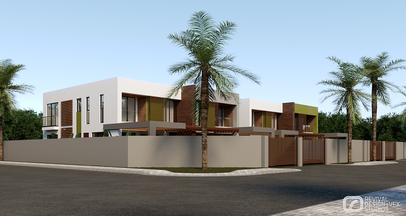 Alternate-angle exterior street render of the townhouse row behind its beige boundary wall and metal gates, palms lining the pavement and an open asphalt road under a clear sky.
