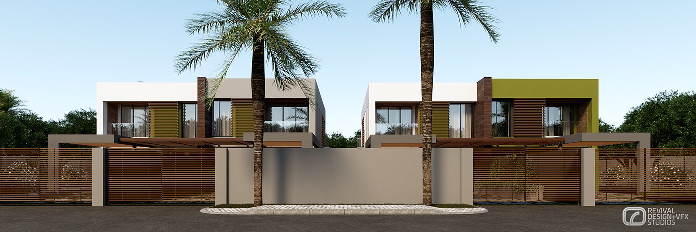 Wide panoramic exterior elevation of the townhouse row screened by a perforated metal wall, palms rising in front and flat-roofed white volumes with wood and green accents above under a pale sky.