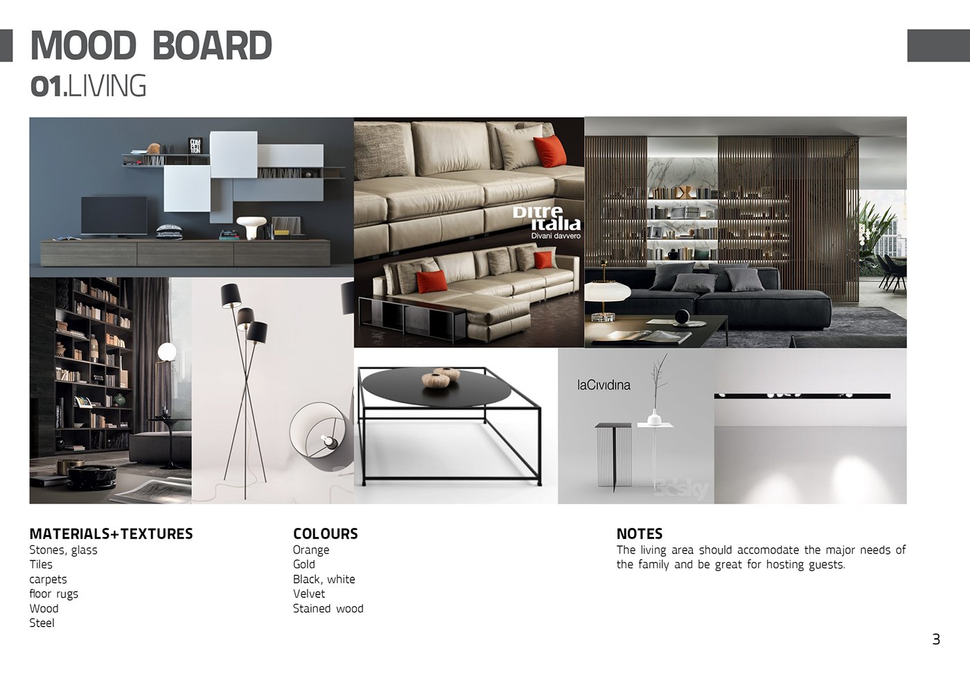 Mood board labelled 01 LIVING, a collage of a grey sofa, glass coffee table, tripod floor lamp and bookshelf, with materials marble, glass, leather and wood and an orange, grey and stained-wood palette noted below.