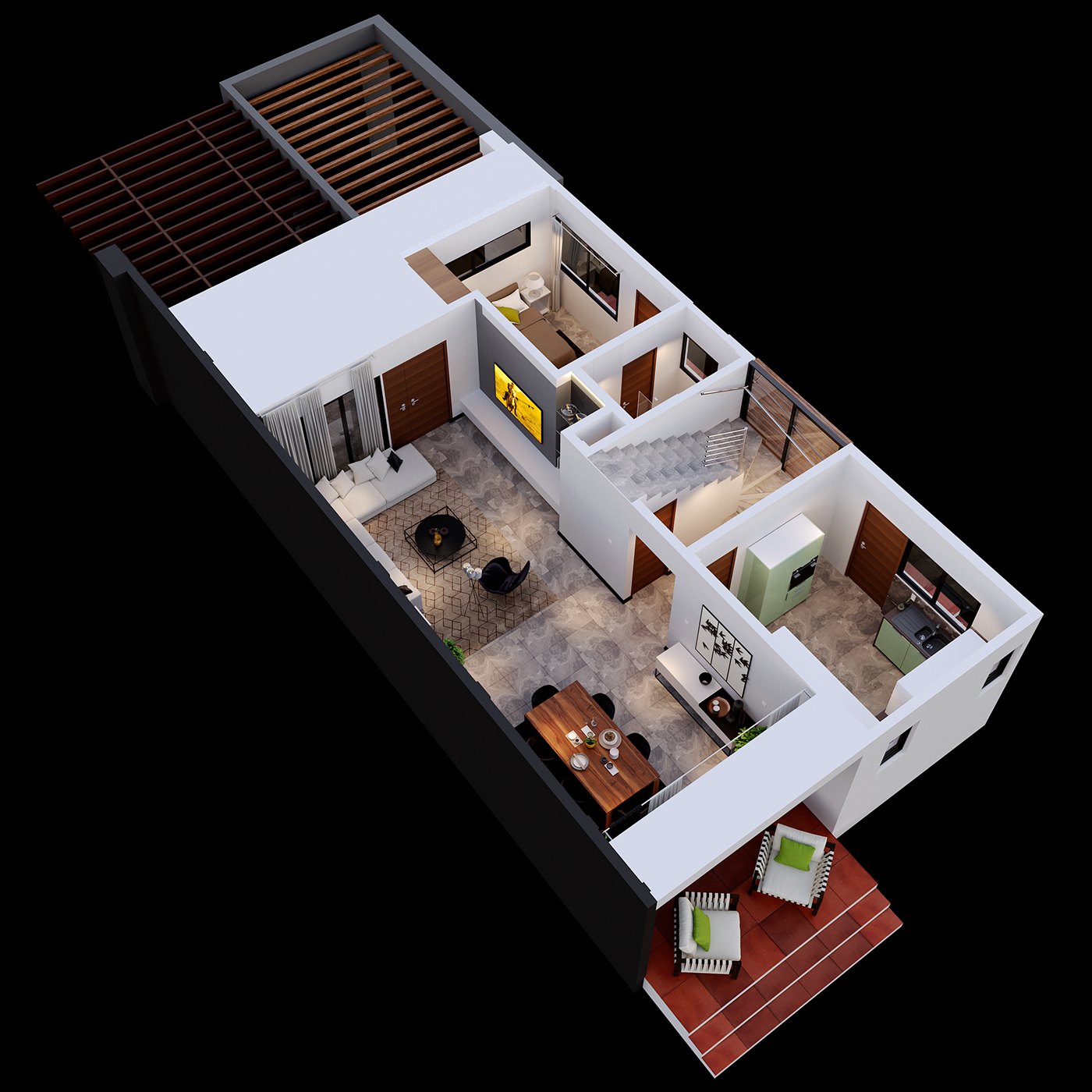 3D isometric cutaway floor-plan render on a black background showing the ground floor, open living and dining, a mint-cabinet kitchen, and a pergola-shaded terrace stepping out to the paved garden.