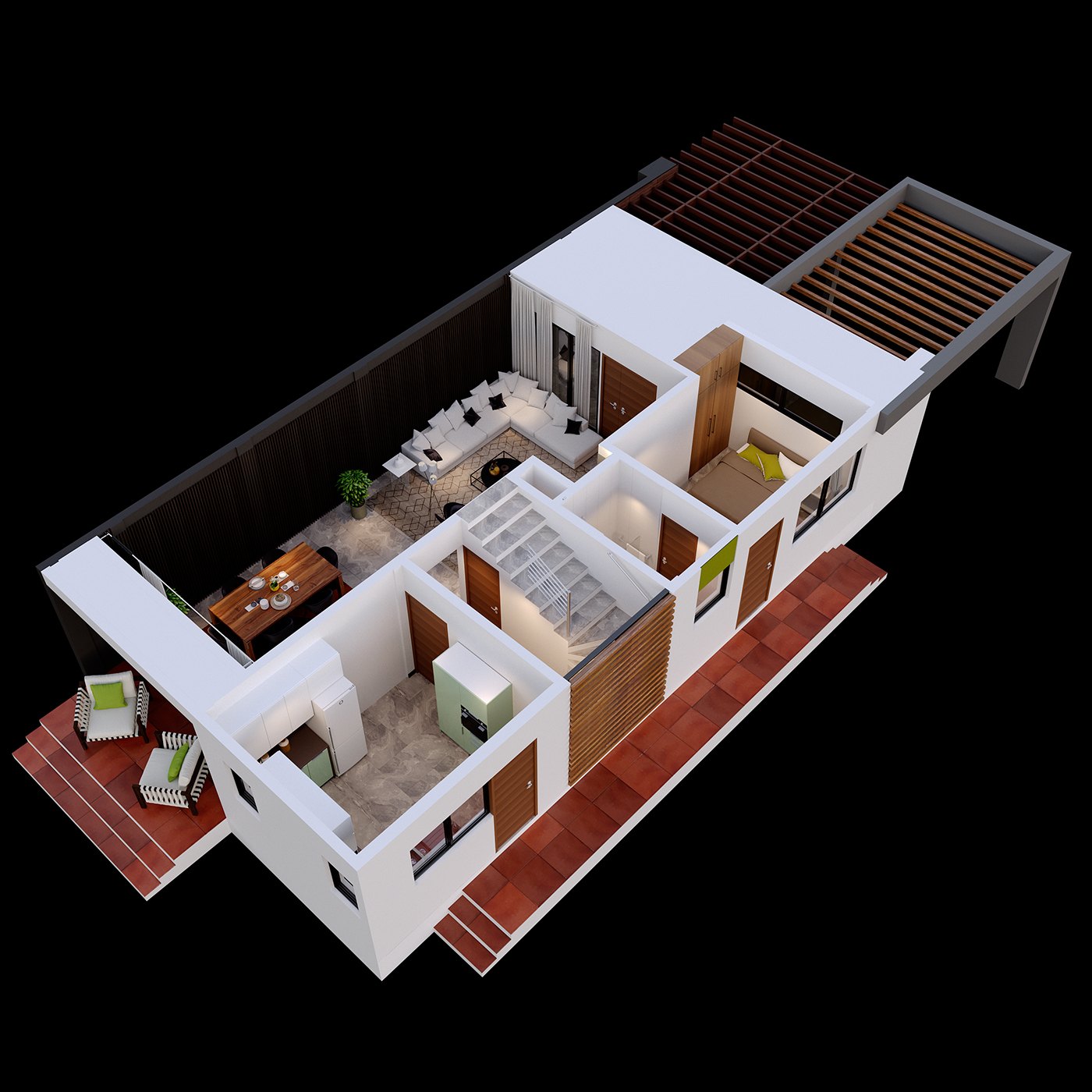 3D isometric cutaway floor-plan render from the opposite angle, the living, dining and kitchen laid out around a central staircase, white walls and wood slat screens framing the cut model.
