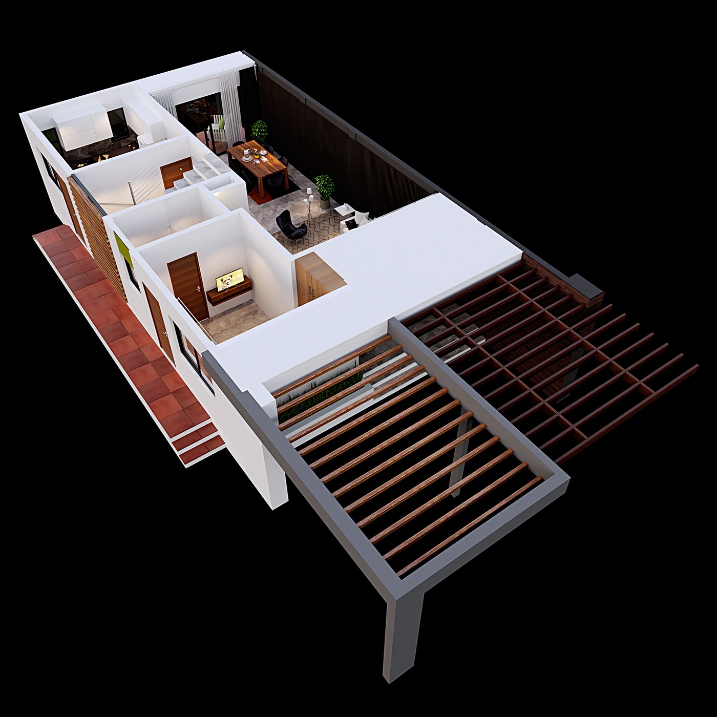 3D isometric cutaway floor-plan render of a unit with rooms arranged around a timber-pergola terrace, the model floating on black with white walls, wood decks and glimpses of furniture.