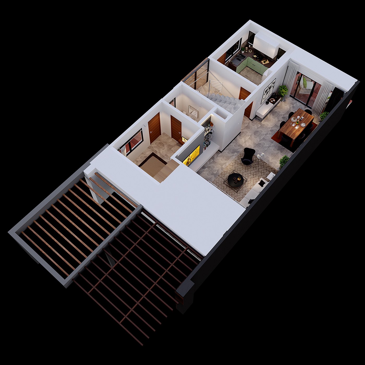 3D isometric cutaway floor-plan render showing bedrooms and living spaces in a single slab, wood wardrobes and made beds visible within the white-walled cut model on a black ground.