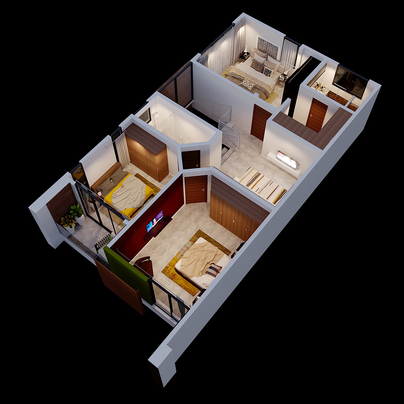 3D isometric cutaway floor-plan render of the upper level, bedrooms with yellow-bedded beds laid out along the corridor, the cut model set against black with timber and white finishes.