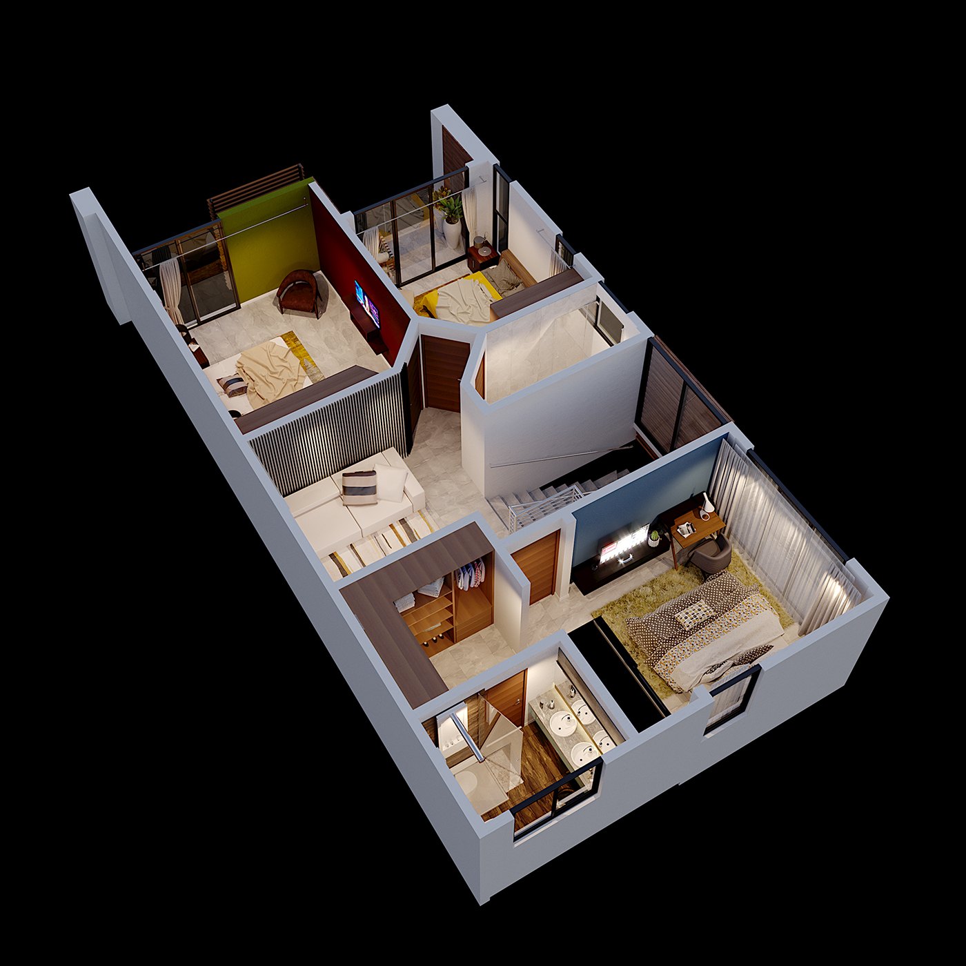 3D isometric cutaway floor-plan render of the upper floor, a green accent wall marking one bedroom, the made beds and wardrobes arranged within the white-walled cut model on black.