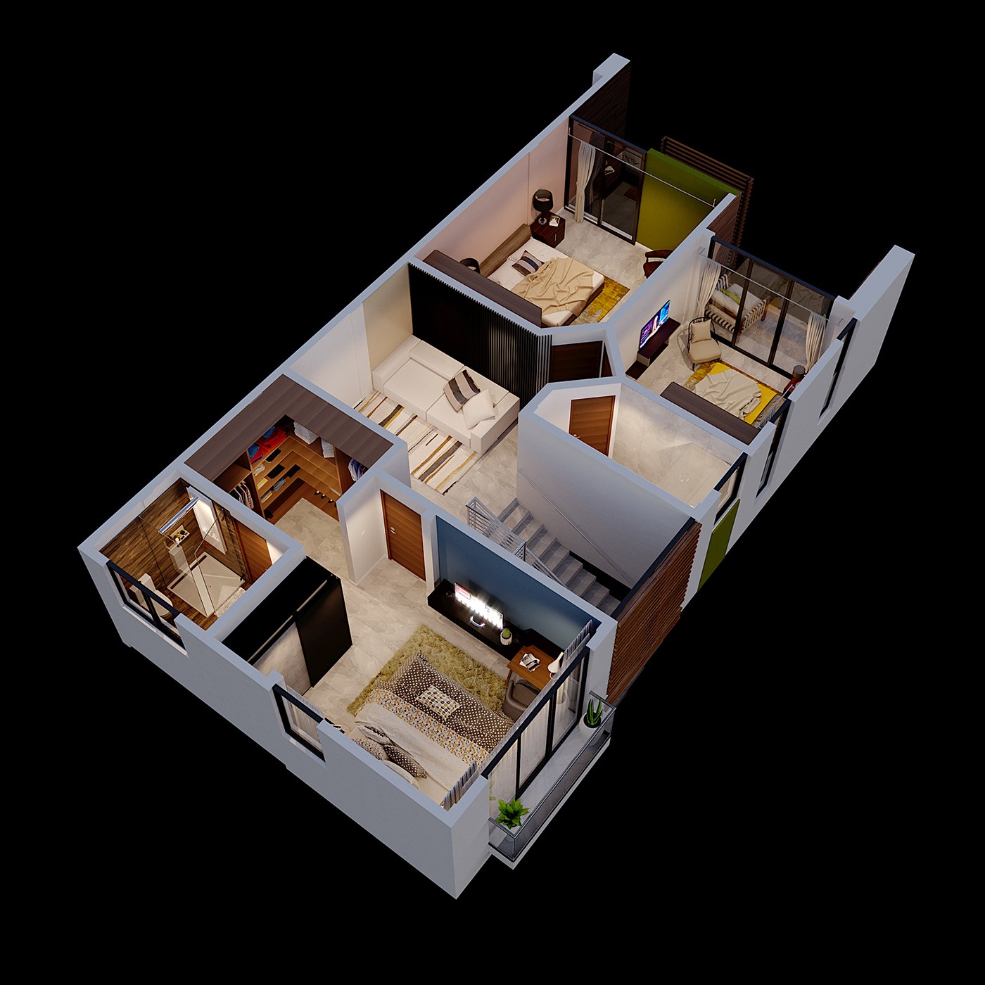 3D isometric cutaway floor-plan render of the upper level with bedrooms and an en-suite bathroom, wood finishes and lit interiors shown inside the floating cut model against a black background.