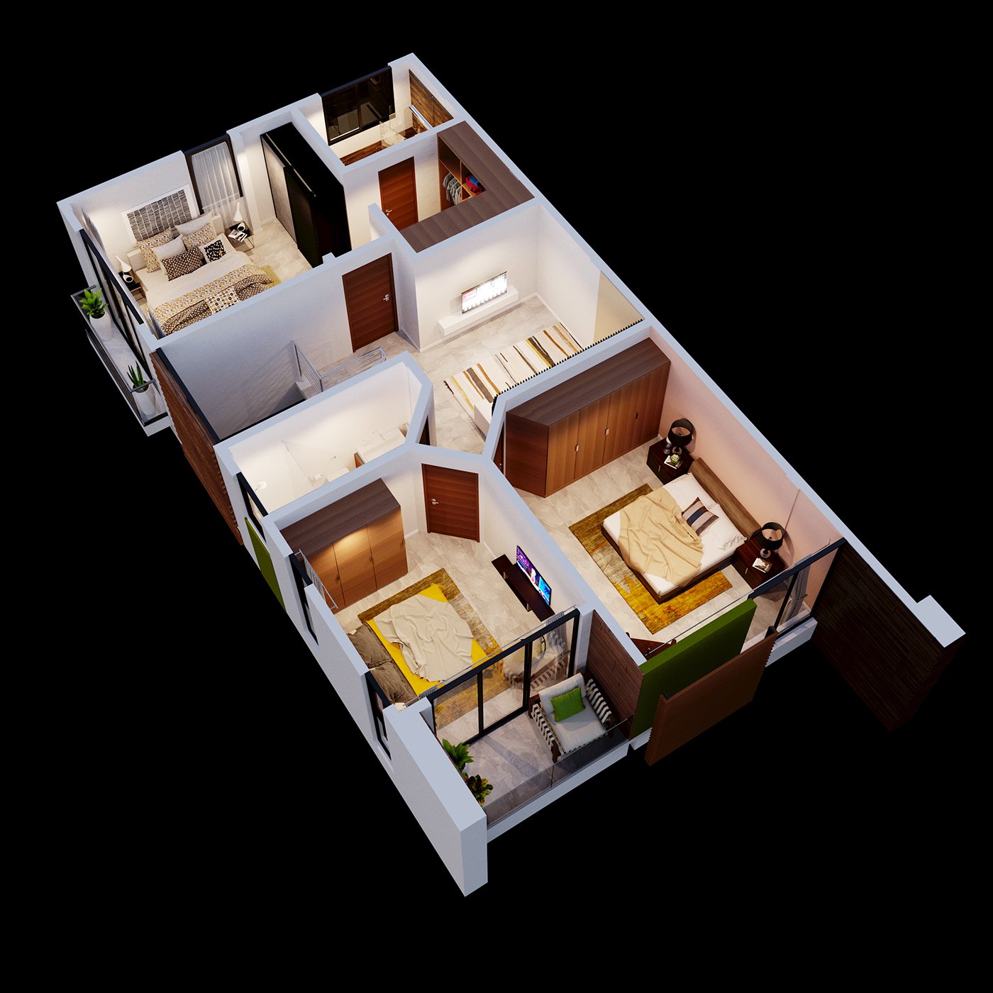 3D isometric cutaway floor-plan render of the master bedrooms on the upper floor, timber wardrobes and dressed beds arranged around a central landing, the cut model isolated on black.
