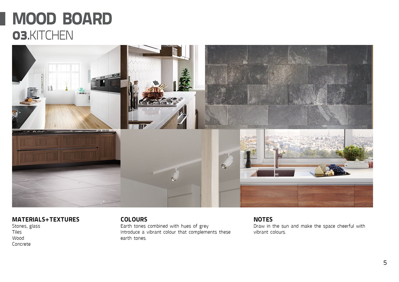 Mood board labelled 03 KITCHEN, a grid of kitchen studies with dark stone splashbacks and timber fronts, listing earth-tone materials, stainless steel and tile, and a note on introducing vibrant colour to lift the space.