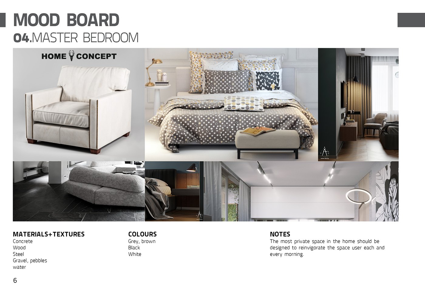 Mood board labelled 04 MASTER BEDROOM under the heading HOME Y CONCEPT, collaging a made bed, an armchair and headboard details, with concrete, wood and velvet materials and a grey, brown and white palette.