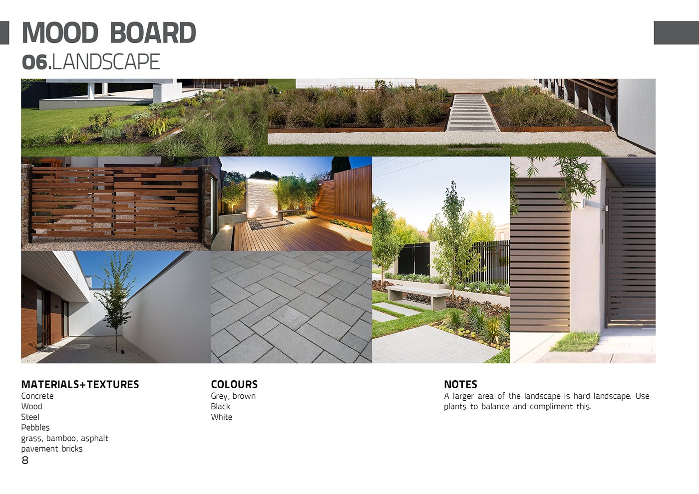 Mood board labelled 06 LANDSCAPE, a collage of paved terraces, timber screens and planted beds, listing concrete, wood, gravel and asphalt materials and a grey, brown and white palette for the hard landscaping.