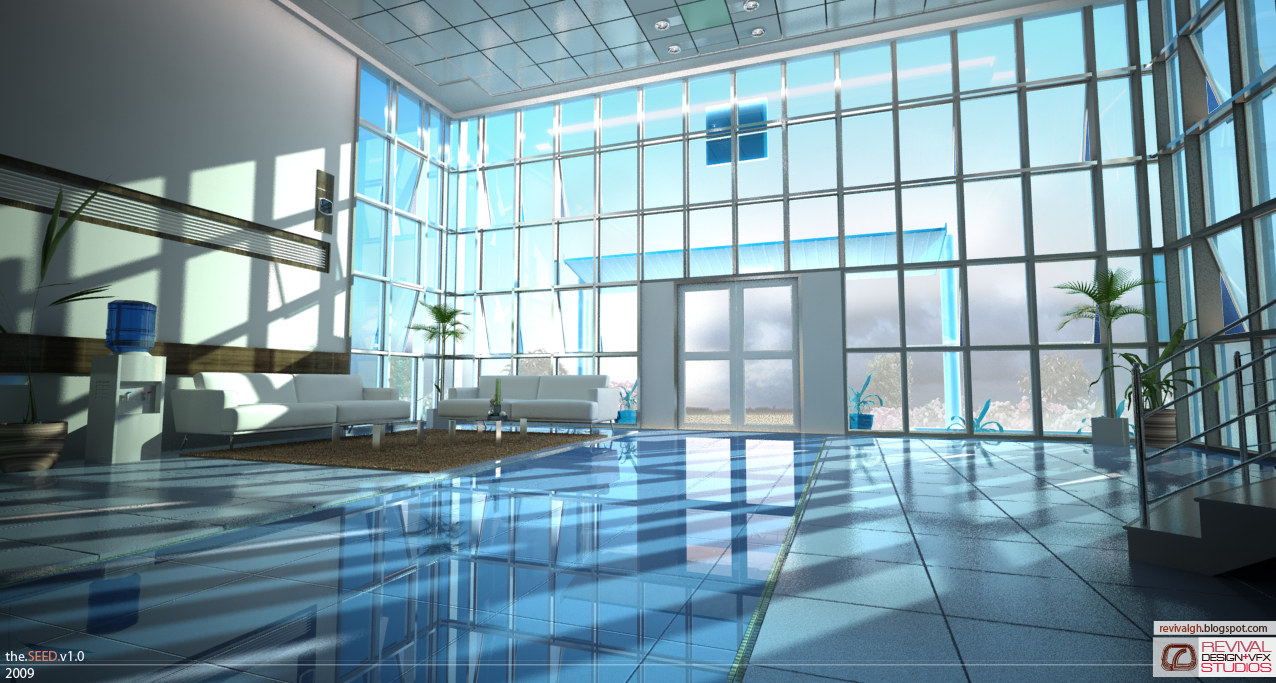 A rendered double-height glass lobby: a polished blue-grey tiled floor mirrors a full-height curtain wall of square panels, two white sofas sit on a brown rug at the left beside a water cooler and potted palms, and the entrance doors stand at the centre of the glazed wall under a band of brighter blue spandrels.