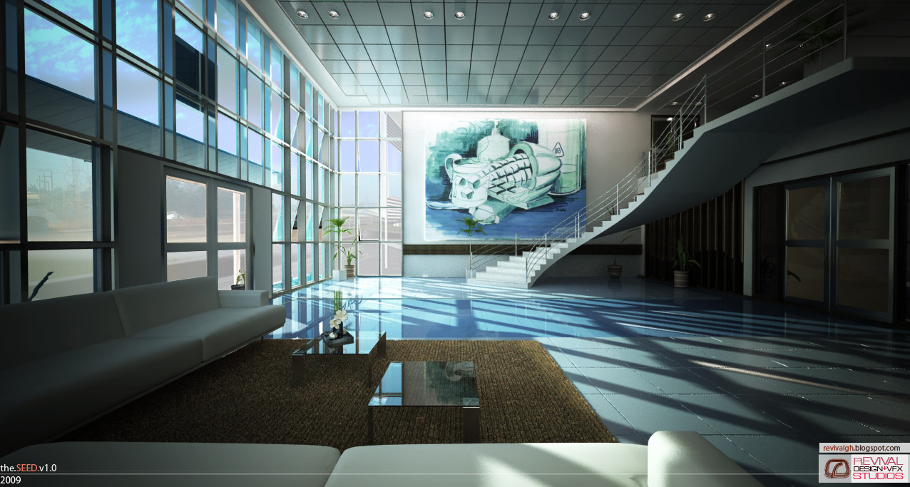The same lobby seen from the lounge: a curved cantilevered stair with glass balustrades flies up the right-hand wall past a large green-and-white abstract painting, recessed square ceiling panels carry the downlights, and sun through the curtain wall stripes the polished floor.