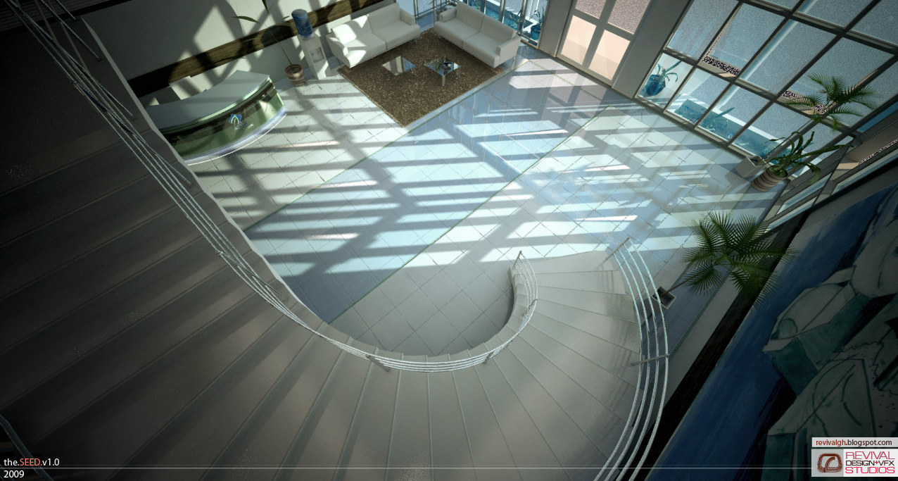Looking down the spiral of that stair into the reception: pale treads and a curved glass balustrade sweep round the frame, a curved glass-fronted reception desk sits at the left, the seating group and its brown rug lie below on a floor crossed by the grid shadow of the glazing, and palms stand at the windows.