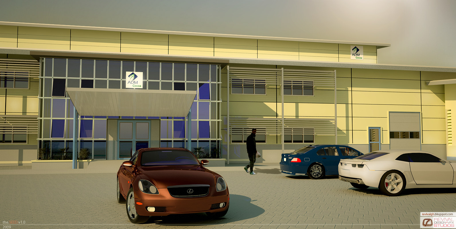 The entrance elevation of the works: a pale yellow single-storey factory range with an ADM Cocoa panel over a full-height glazed lobby front and a second sign high on the wall to the right, horizontal louvre screens and blue-tinted glazing, a fabric entrance canopy on slender posts, and three cars on the paved forecourt with a man walking between them.