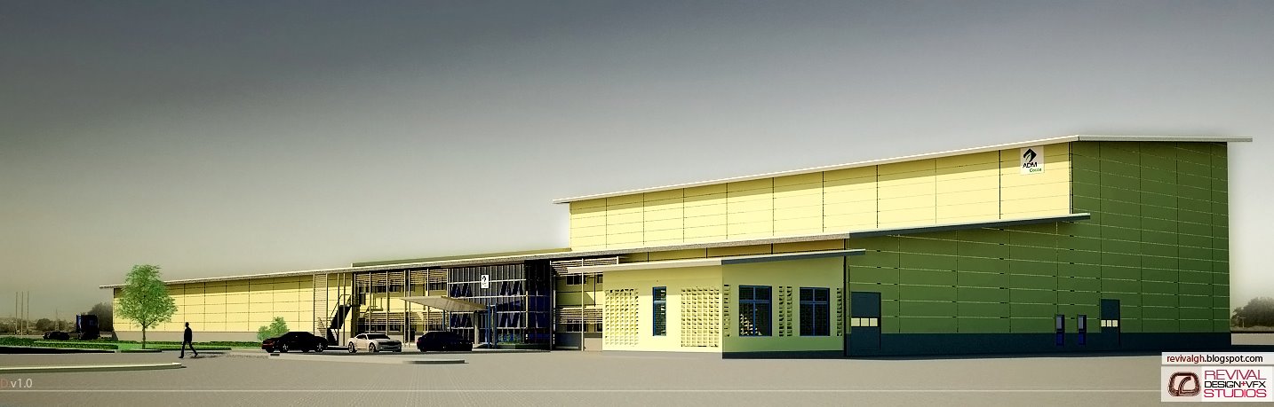 A wide view of the facility from across the yard: the long low cream production range runs left of a glazed entrance block and a deep green volume at the right end, cars and a single pedestrian sit on the forecourt, and the ADM Cocoa sign is fixed high on the yellow wall under a pale sky.
