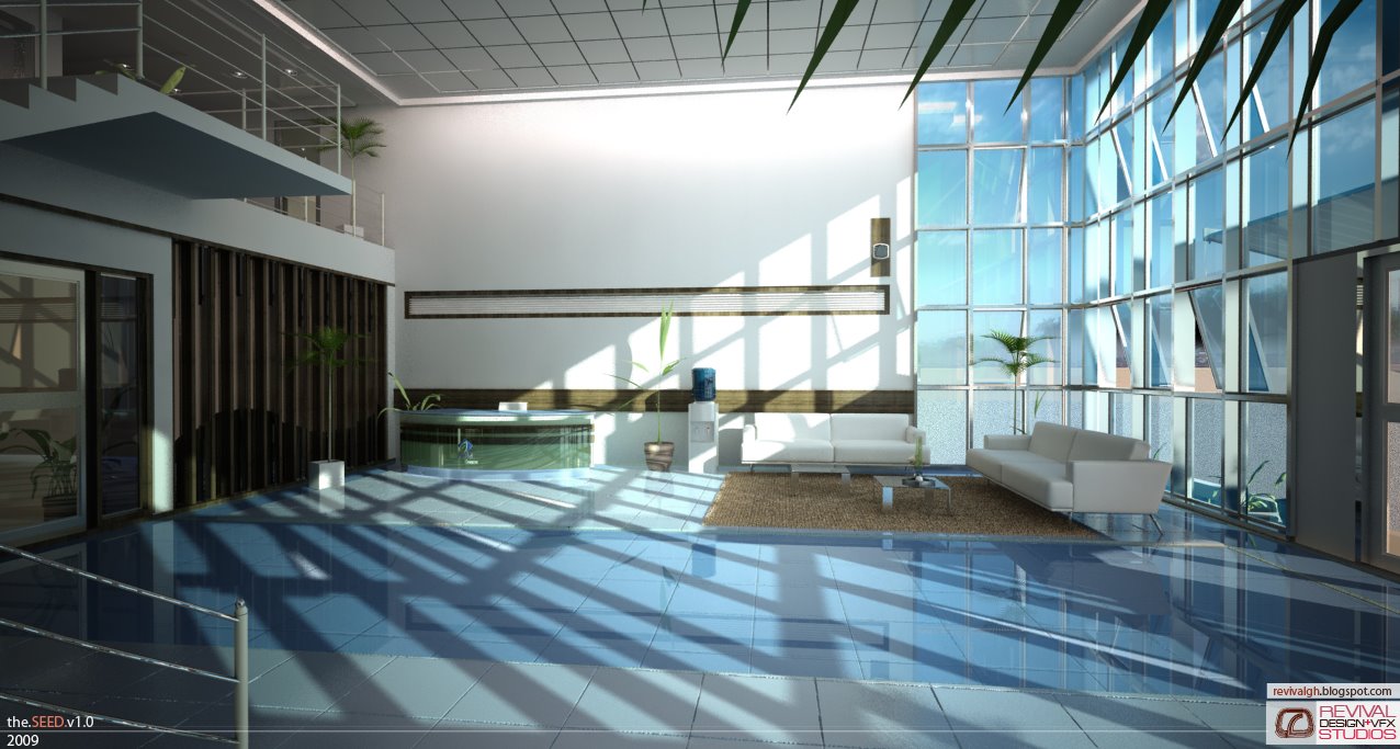 The reception from the other end of the lobby: a curved glass-fronted desk stands at the left under the mezzanine, two white sofas face each other on a brown rug against a blank white wall banded with timber, and the full-height curtain wall on the right throws a grid of light and shadow across the polished floor.