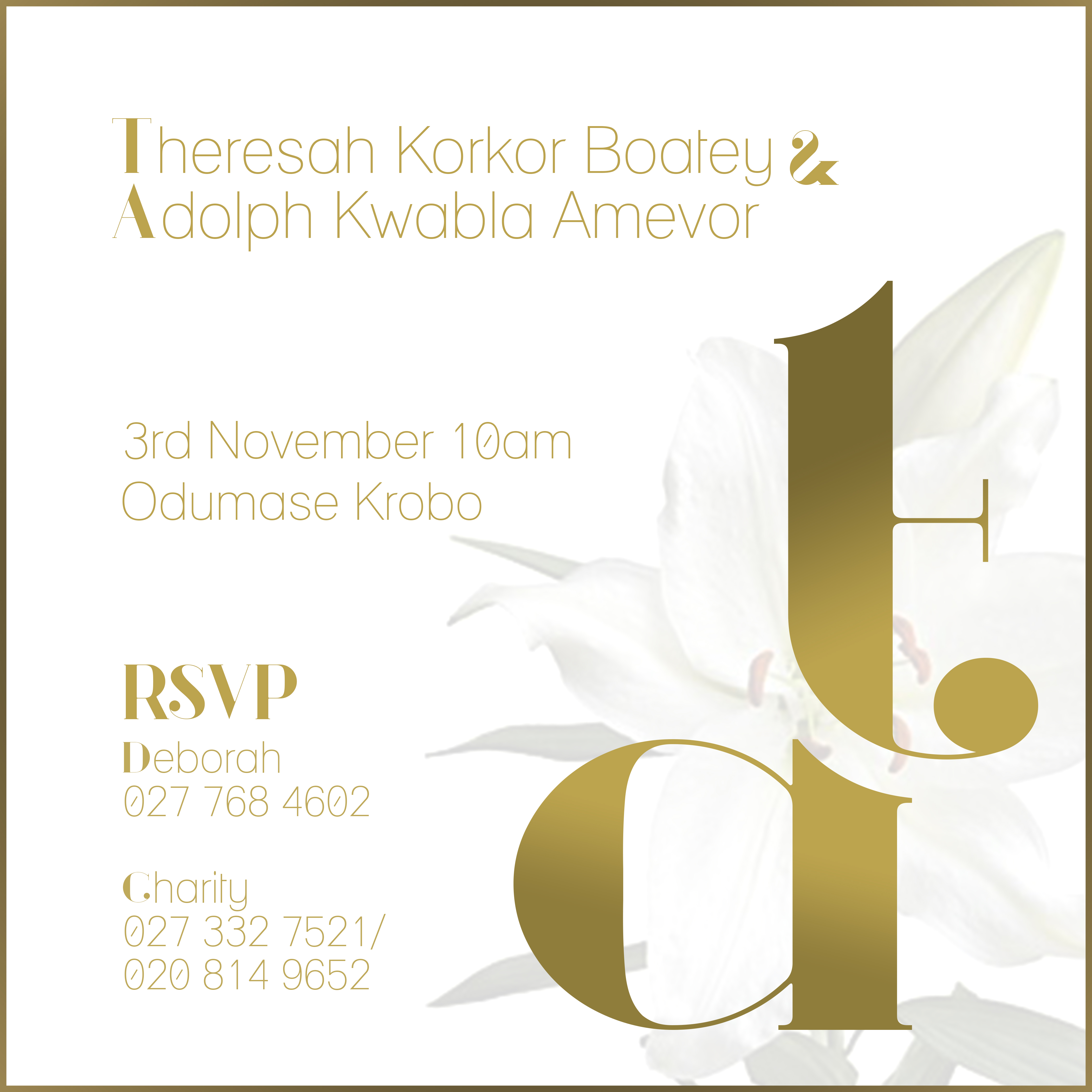 The square card: the couple&rsquo;s names in gold beneath a hairline rule frame, a stacked t-and-a ligature over washed white lilies down the right edge