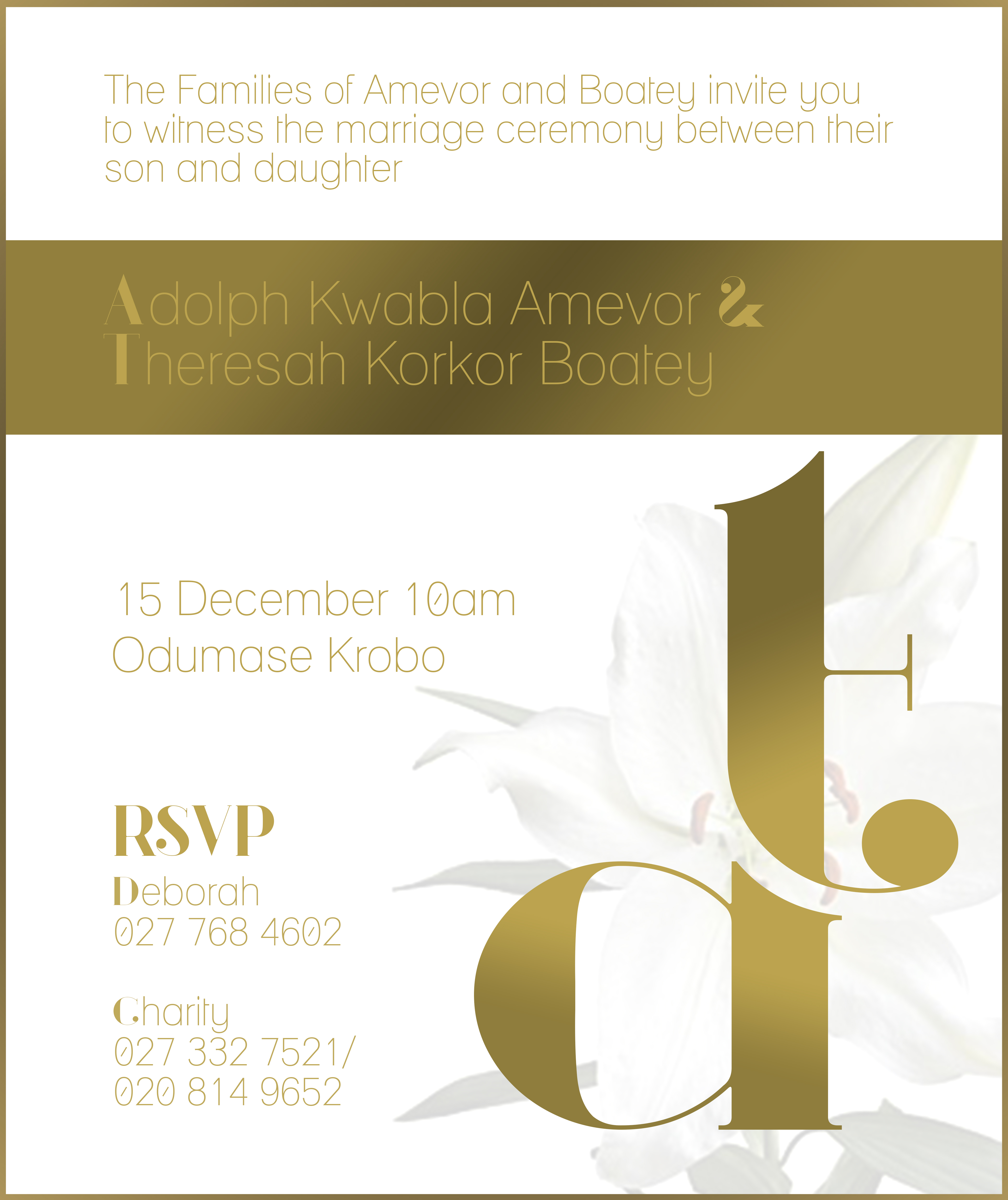 The portrait panel: the families&rsquo; line above a solid gold band with both names knocked out of it, 15 December 10am at Odumase Krobo, and the ligature at right