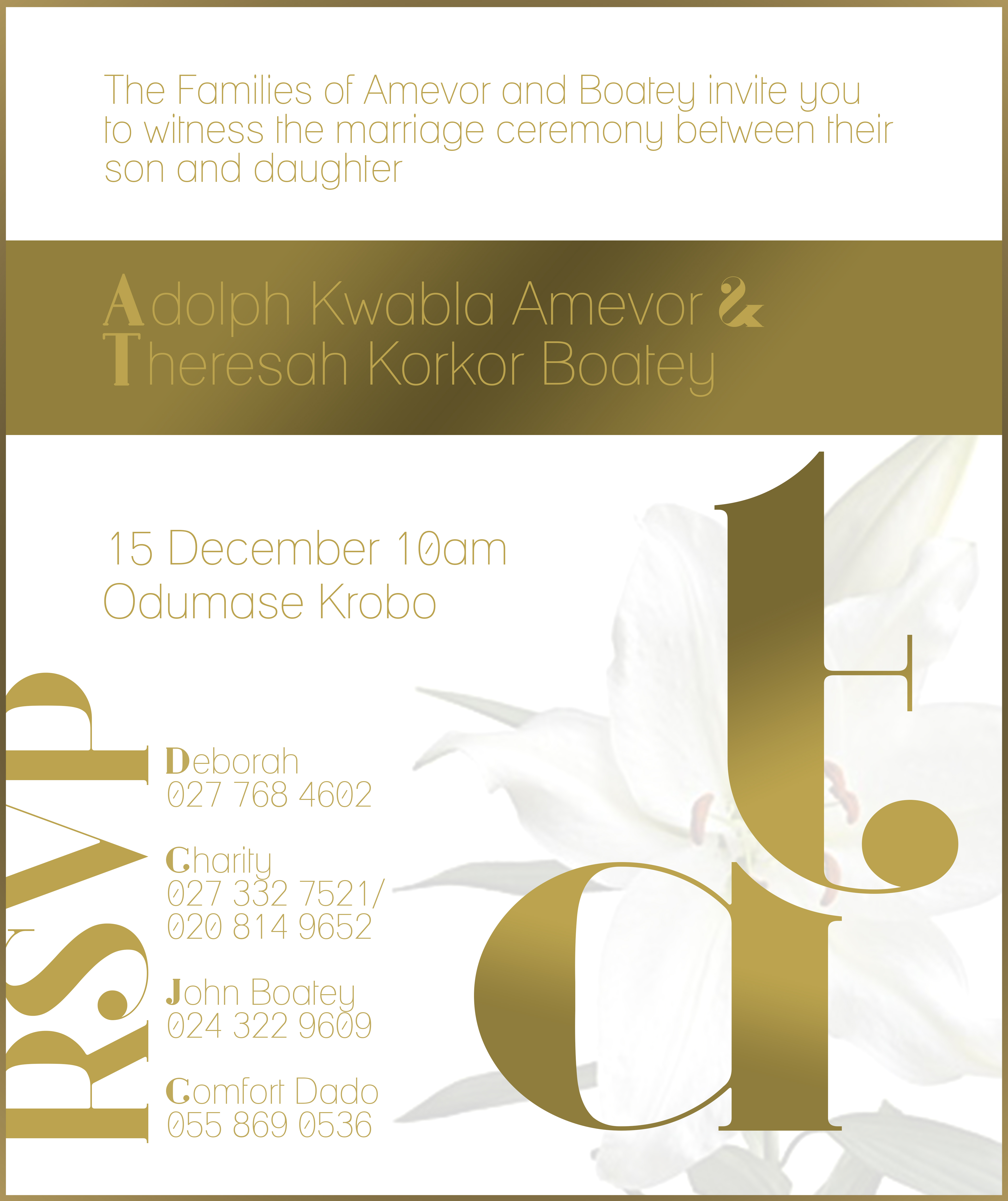 The portrait card carrying four contacts, the word RSVP turned on its side as a giant vertical spine up the left edge