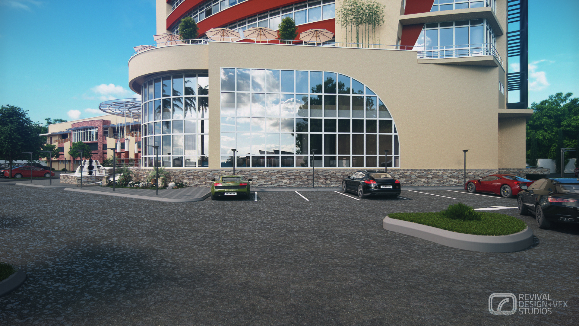 Advantage Place from the parking lot: the curved ground-floor glass curtain wall under an arched head, stone-clad plinth, terrace umbrellas and bamboo planters above, cars parked on dark cobbled asphalt.