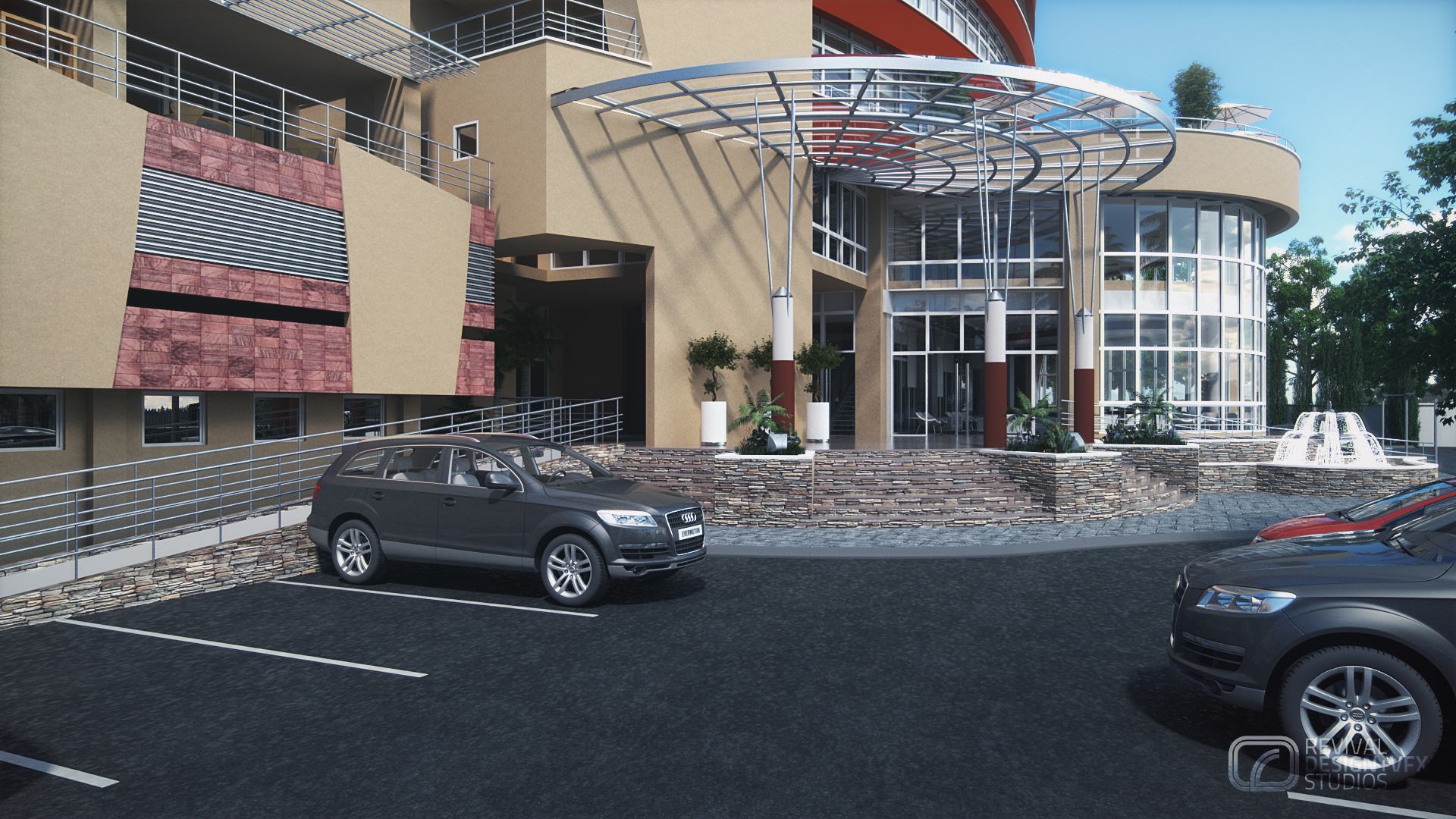 Advantage Place entrance: a sweeping steel-and-glass canopy on tapered columns over glazed doors, copper-red cladding panels in the beige wall, stacked-stone planters with small trees and a white water fountain at right.