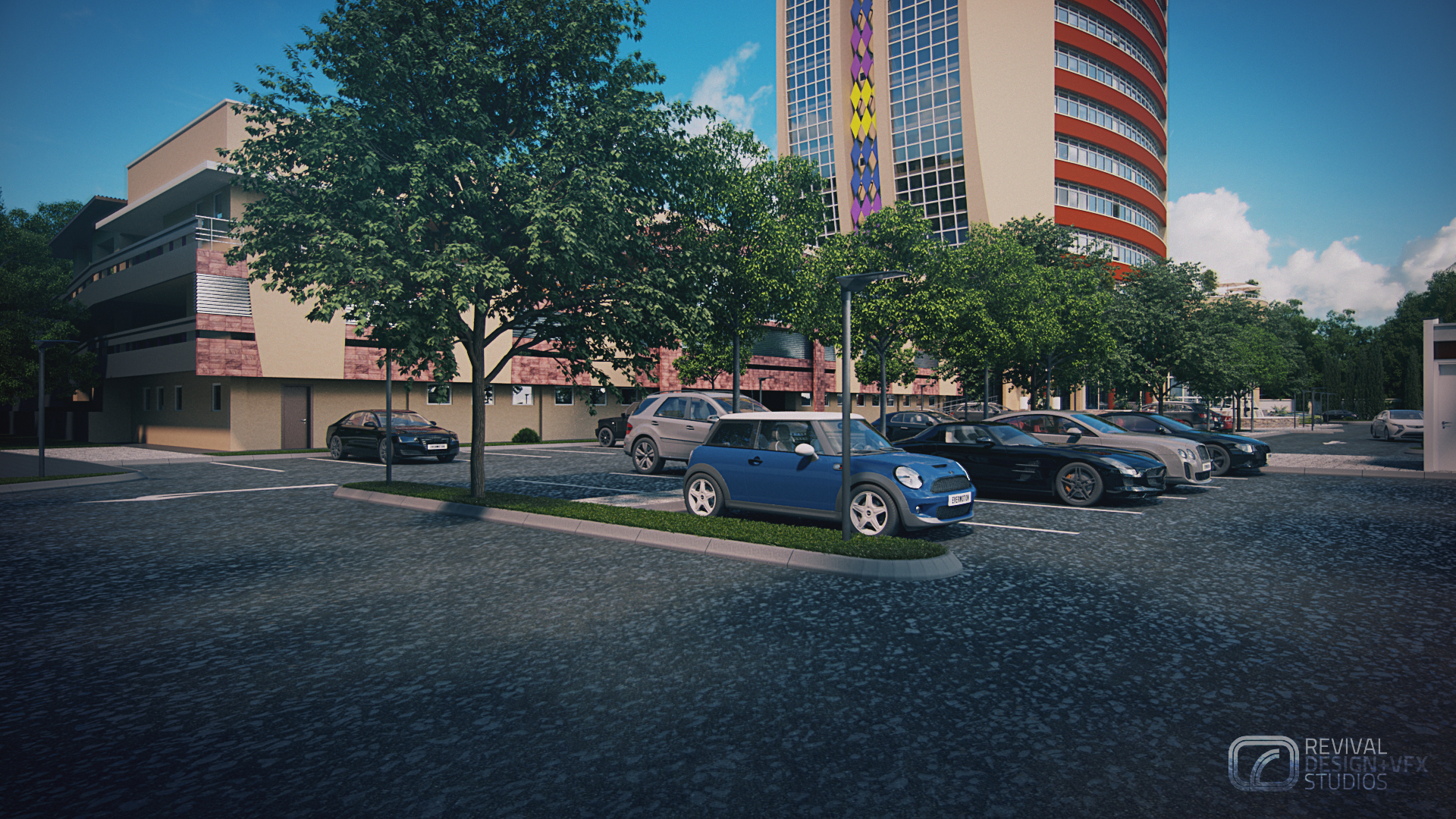 Advantage Place from the parking island: a blue hatchback in the foreground among young trees and slim lamp posts, rows of parked cars and the red-banded tower rising behind with its diamond-clad panel.
