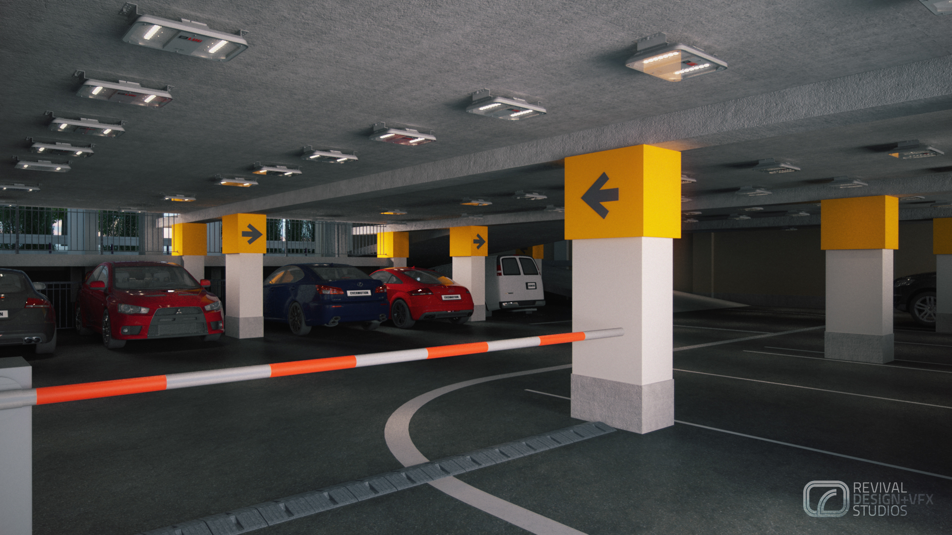 Advantage Place parking garage: bare concrete ceiling with recessed LED fixtures, white columns capped in yellow and marked with black directional arrows, cars in the bays and an orange-and-white barrier arm across the lane.