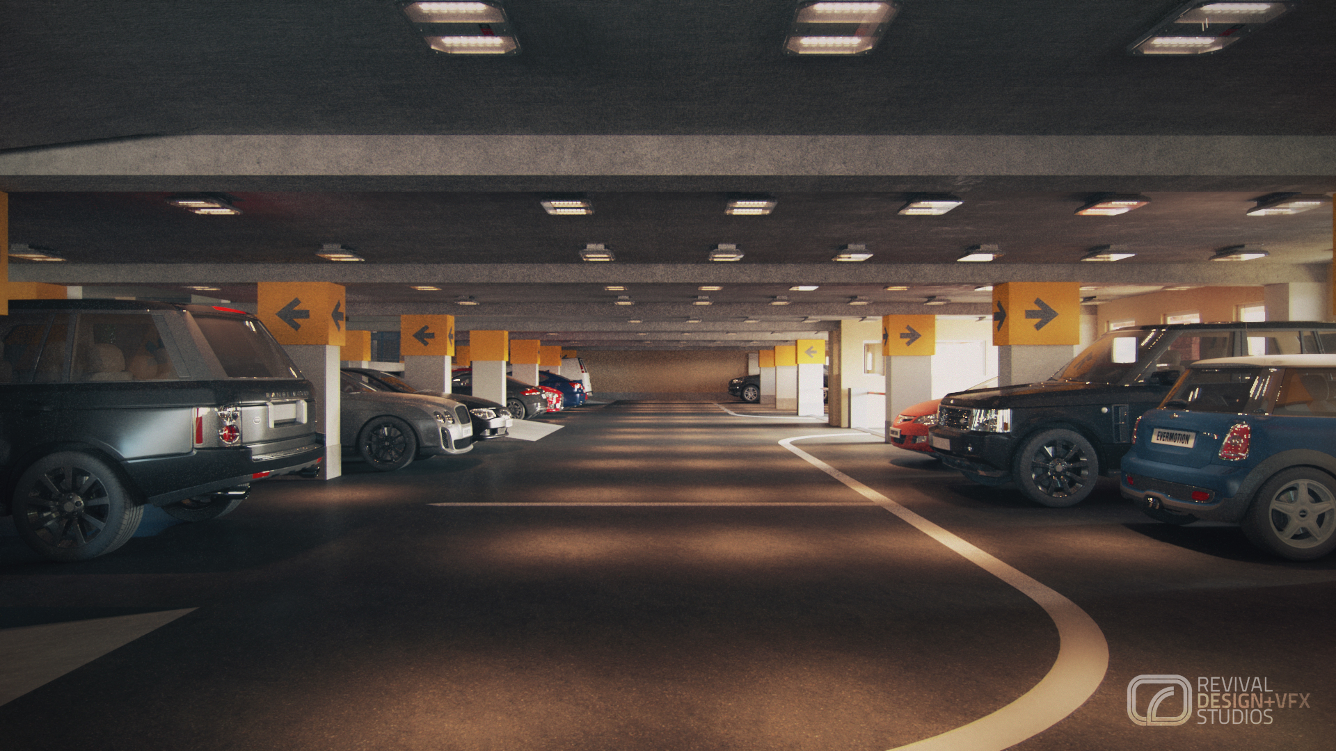 Advantage Place garage down a driving lane: rows of yellow arrow column caps under recessed ceiling lights, a black SUV at left and a grey SUV and blue hatchback at right, warm light pooling on the asphalt.