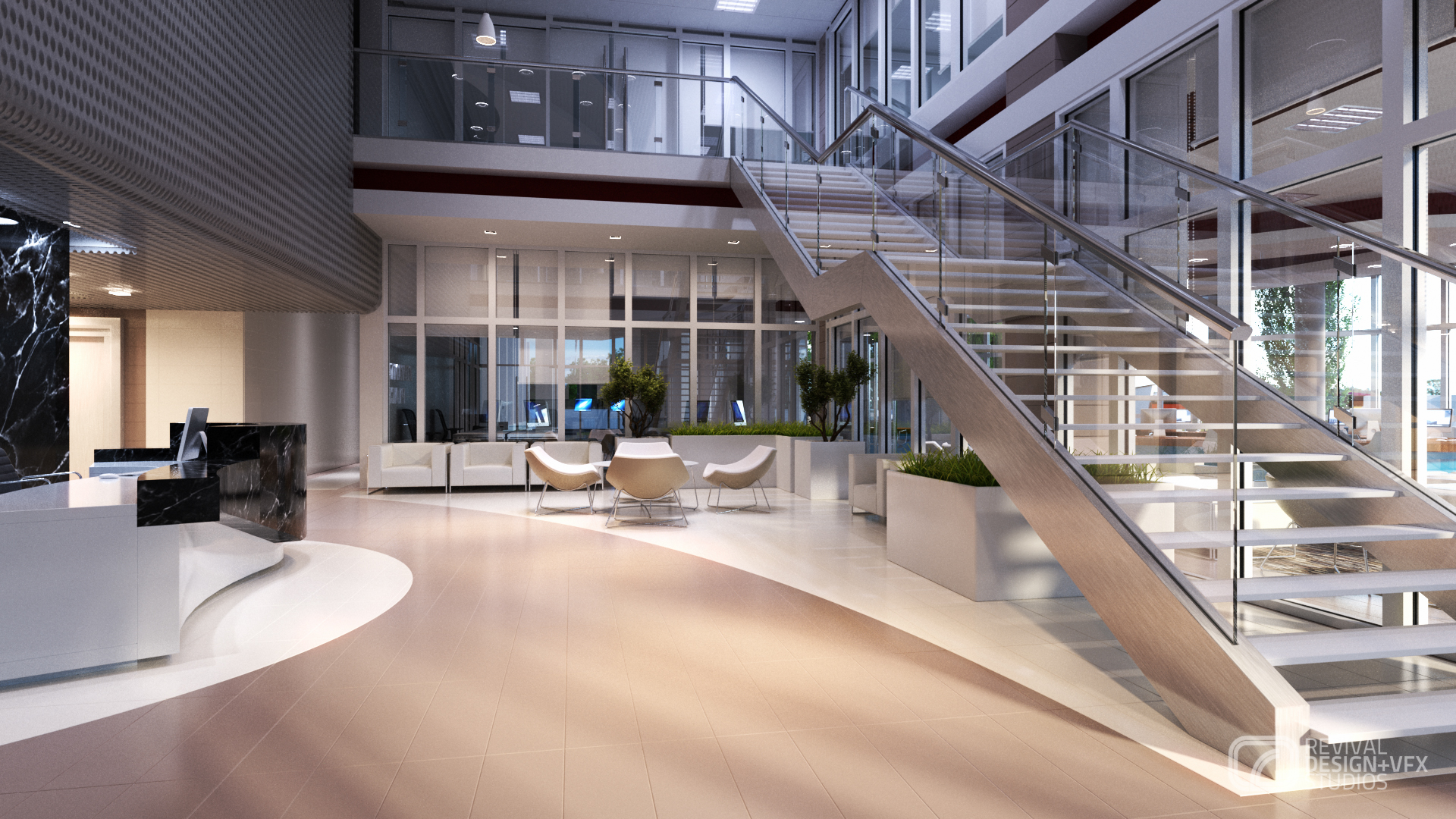 Advantage Place lobby: a curved staircase with glass balustrade and steel handrail at right, white lounge chairs and sofas among concrete planters, a perforated metal ceiling feature and a black marble reception desk at left.