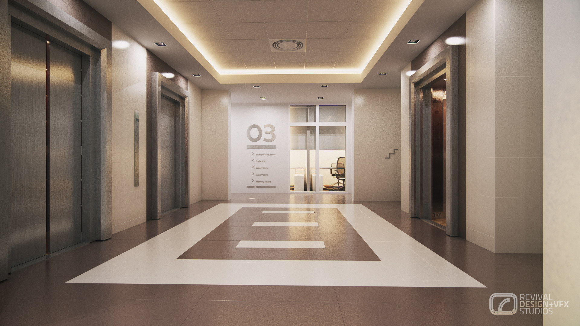 Advantage Place lift lobby down the corridor: brushed-steel elevator doors, two closed and one open on a copper-toned cab, cove-lit ceiling tray and a large silver 03 over a directory beside a glazed office.