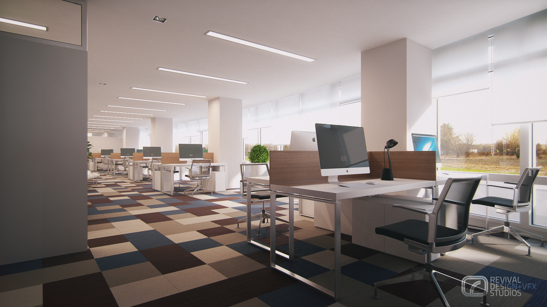 Advantage Place open-plan office from desk height: white chrome-leg desks with wood-grain privacy screens, all-in-one computers and black mesh task chairs on checkered carpet tiles under linear recessed lights.