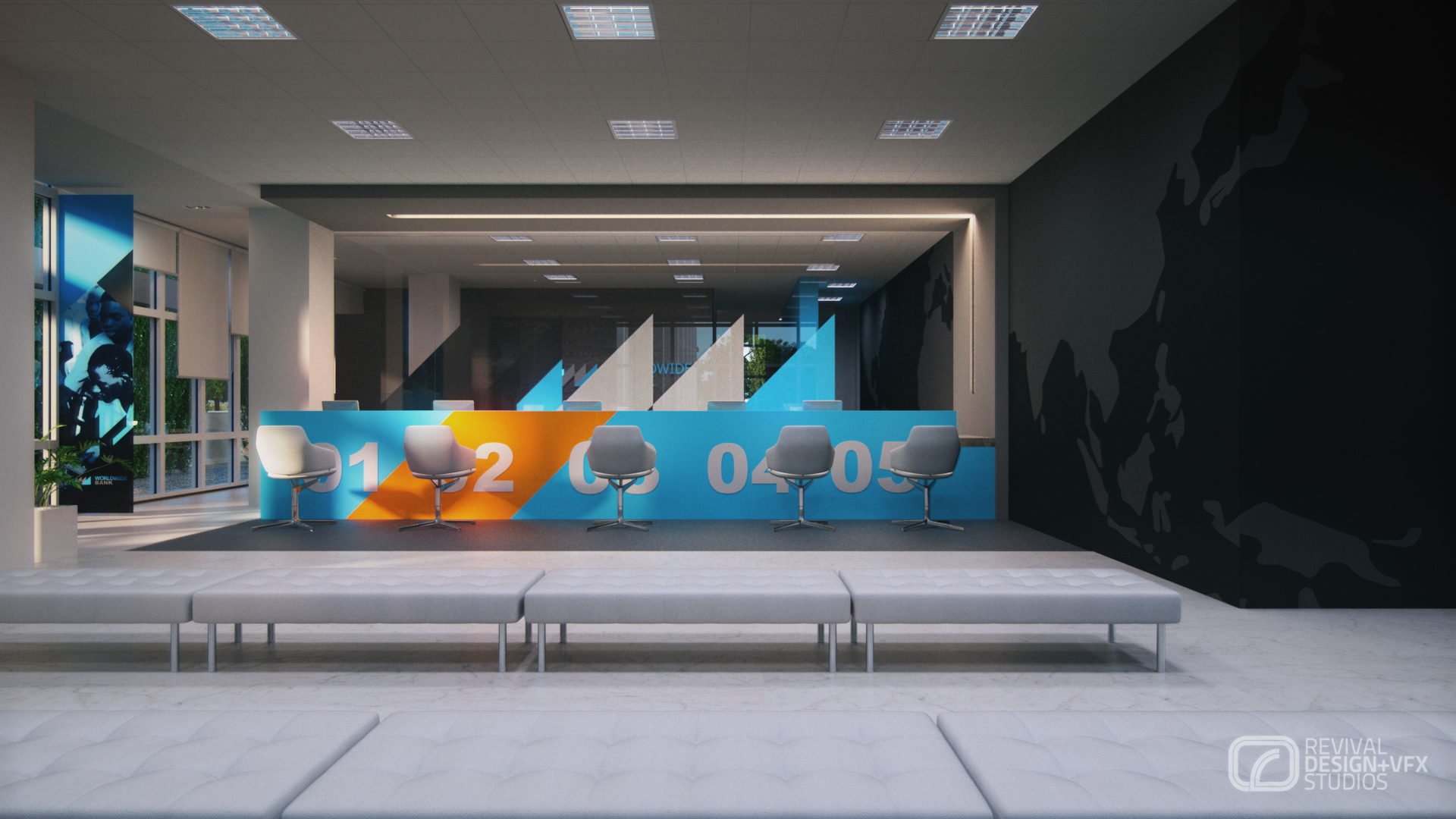 Advantage Place bank hall: a long blue teller counter banded in orange and numbered 01 to 05, five grey swivel chairs, a glass screen with triangular cutouts, a WORLDWIDE BANK banner at left and tufted grey benches on white marble.