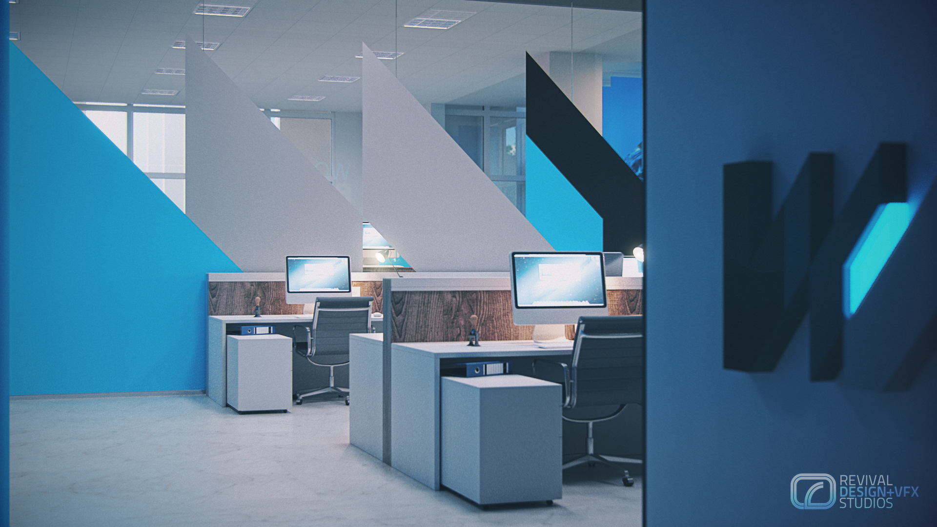Advantage Place bank workstations past a wall edge: blue walls cut by oversized white and black diagonal triangles, two white desks with monitors and grey task chairs, cabinets of blue ring binders on grey marble.