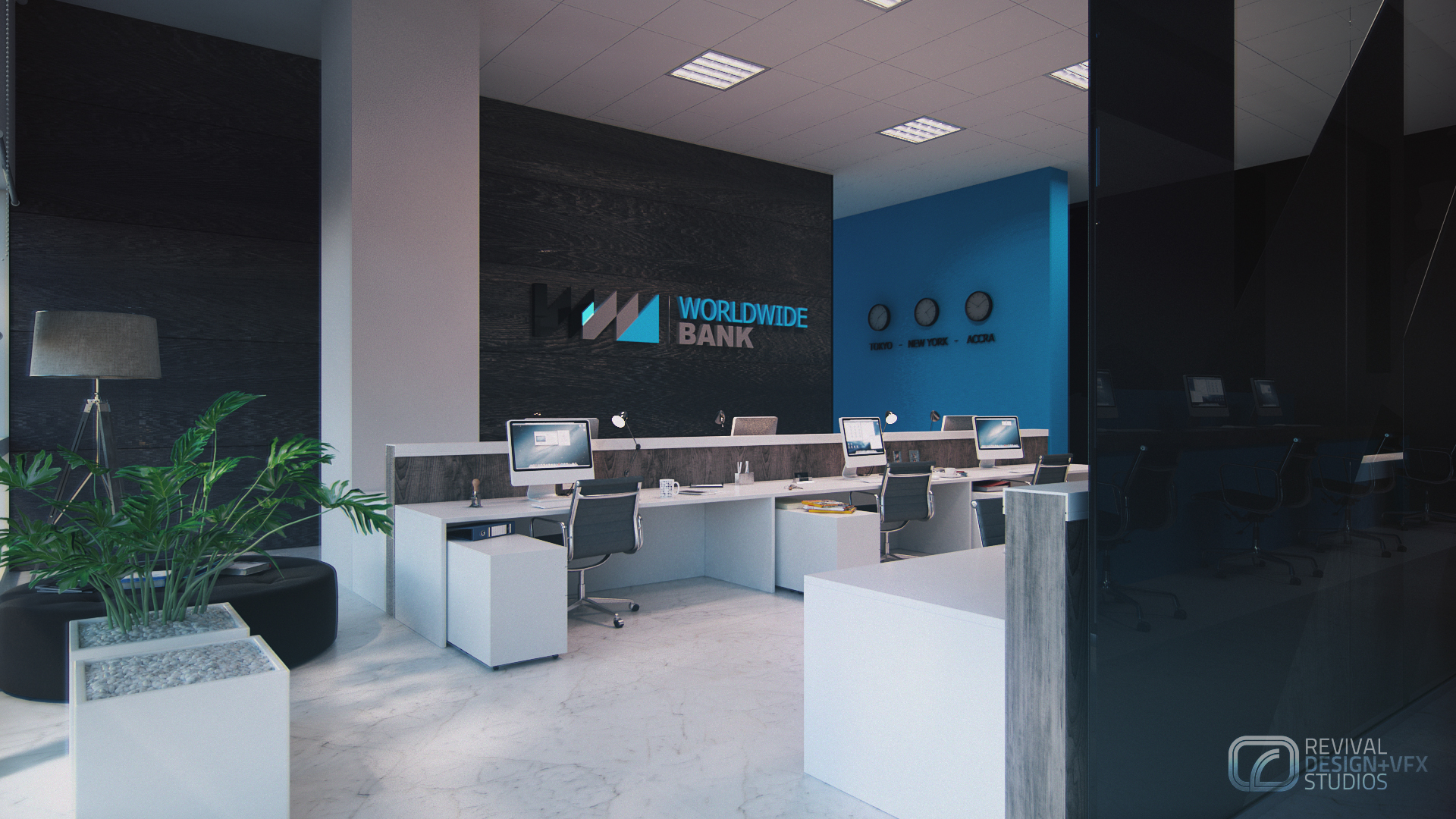 Advantage Place bank counter from the side: a dark wood wall with a 3D chevron logo and WORLDWIDE BANK lettering, three round clocks labelled Tokyo, New York and Accra, white desks with lamps and planters on grey marble.