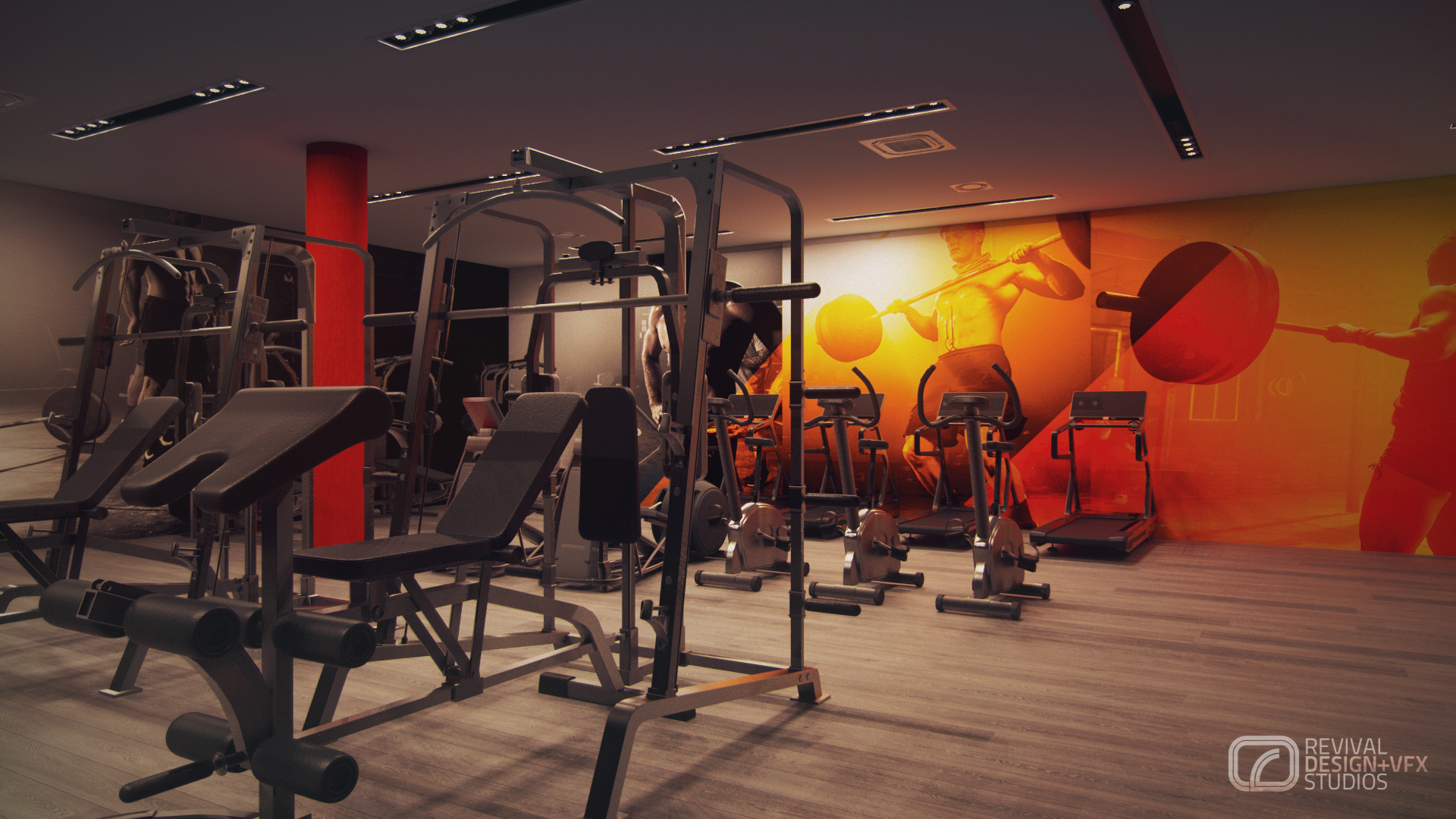 Advantage Place gym across the equipment: power rack, incline benches, dumbbell racks, spin bikes and a treadmill on light plank flooring, a red column and a full-height mural of weightlifters in orange-red, a lifter mirrored at left.