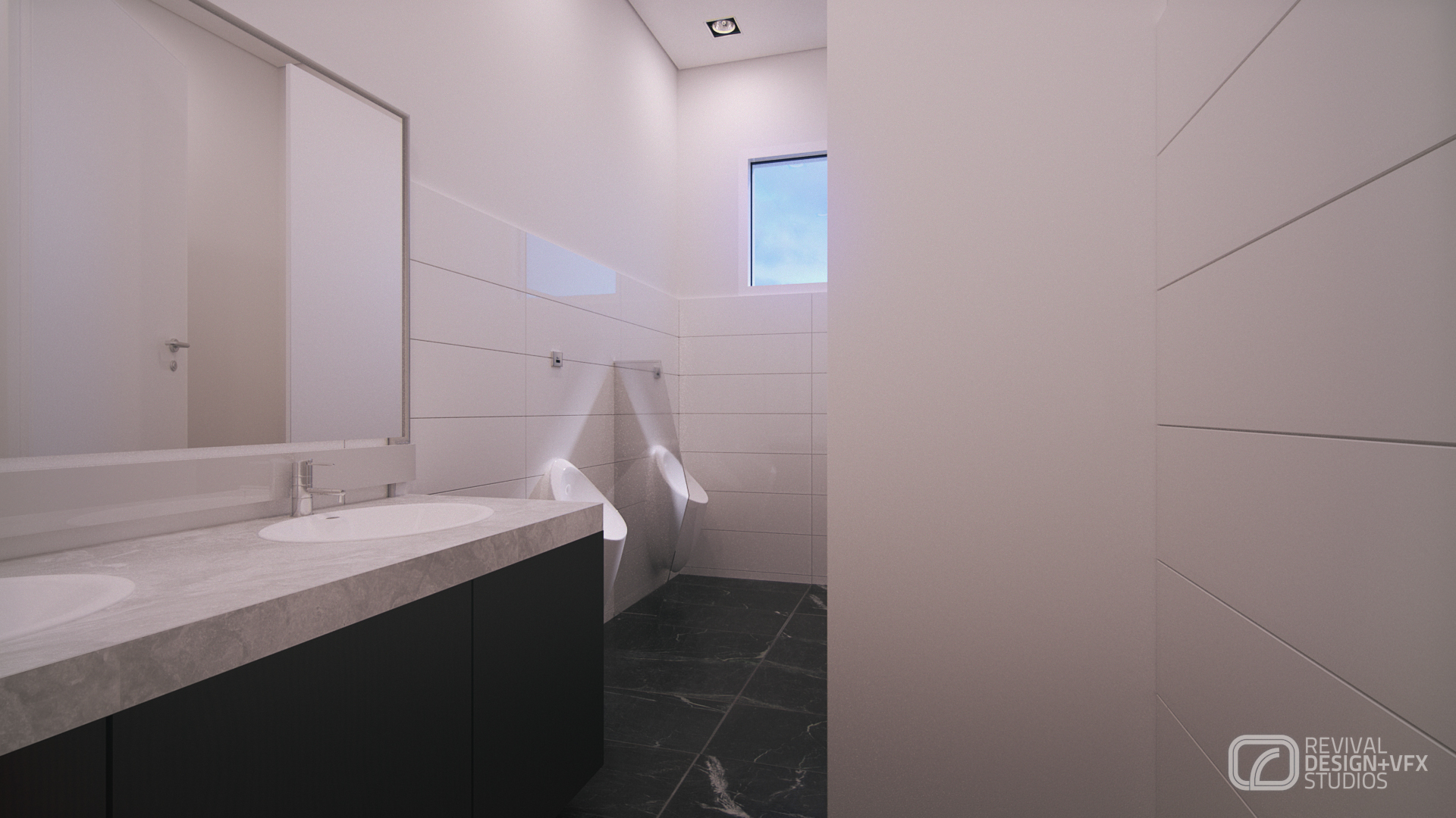 Advantage Place washroom behind a partition: two wall-hung urinals with a chrome flush plate on white tiles, a grey marble vanity with two round undermount basins, black veined marble floor and a high window on blue sky.