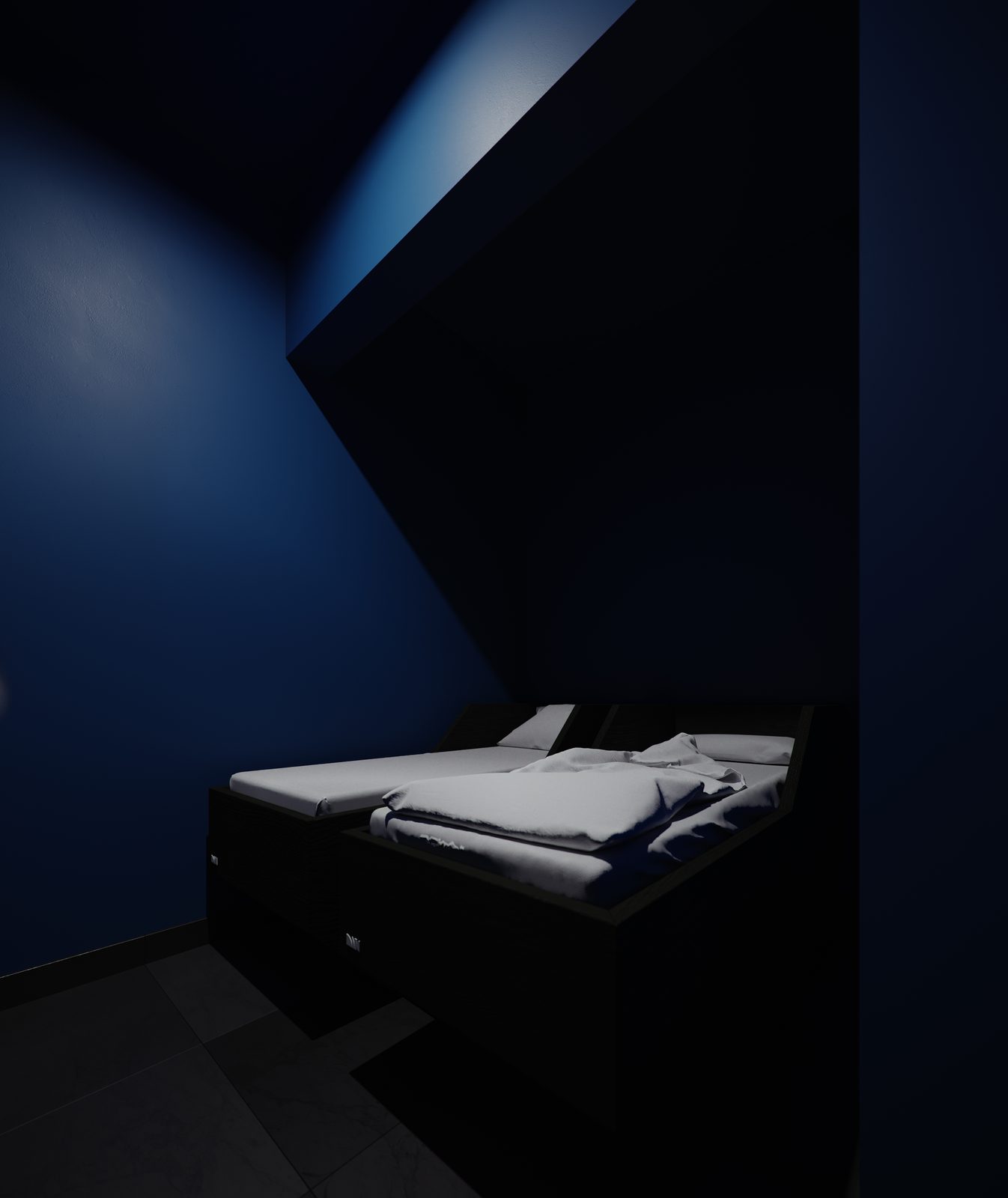 AFG - Visualisation of the staff rest room: two low day beds in a deep blue room, the faceted wall shape lit from above.