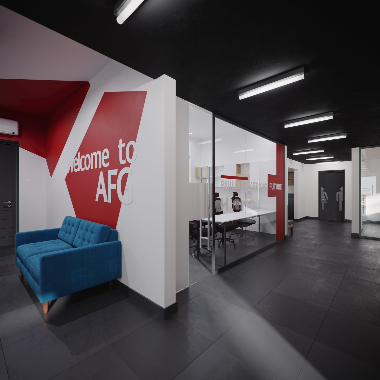 AFG - Visualisation of the lounge: the same seating group and faceted Welcome to AFG wall modelled before build, daylight coming through the glazed boardroom.