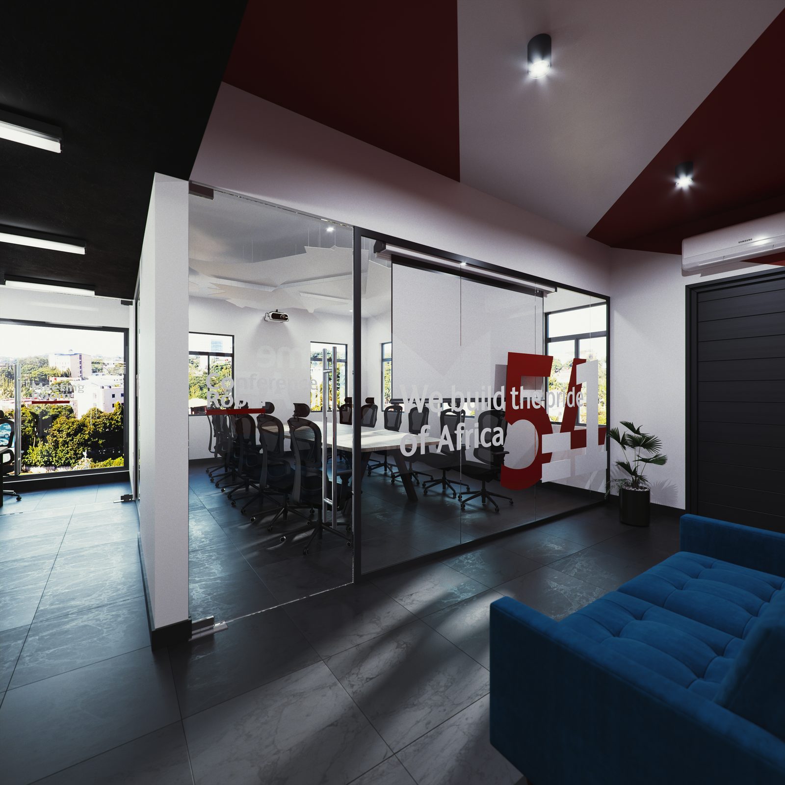 AFG - Visualisation of the boardroom from the lounge, its glazed wall etched with We build the pride of Africa and the faceted ceiling visible inside.