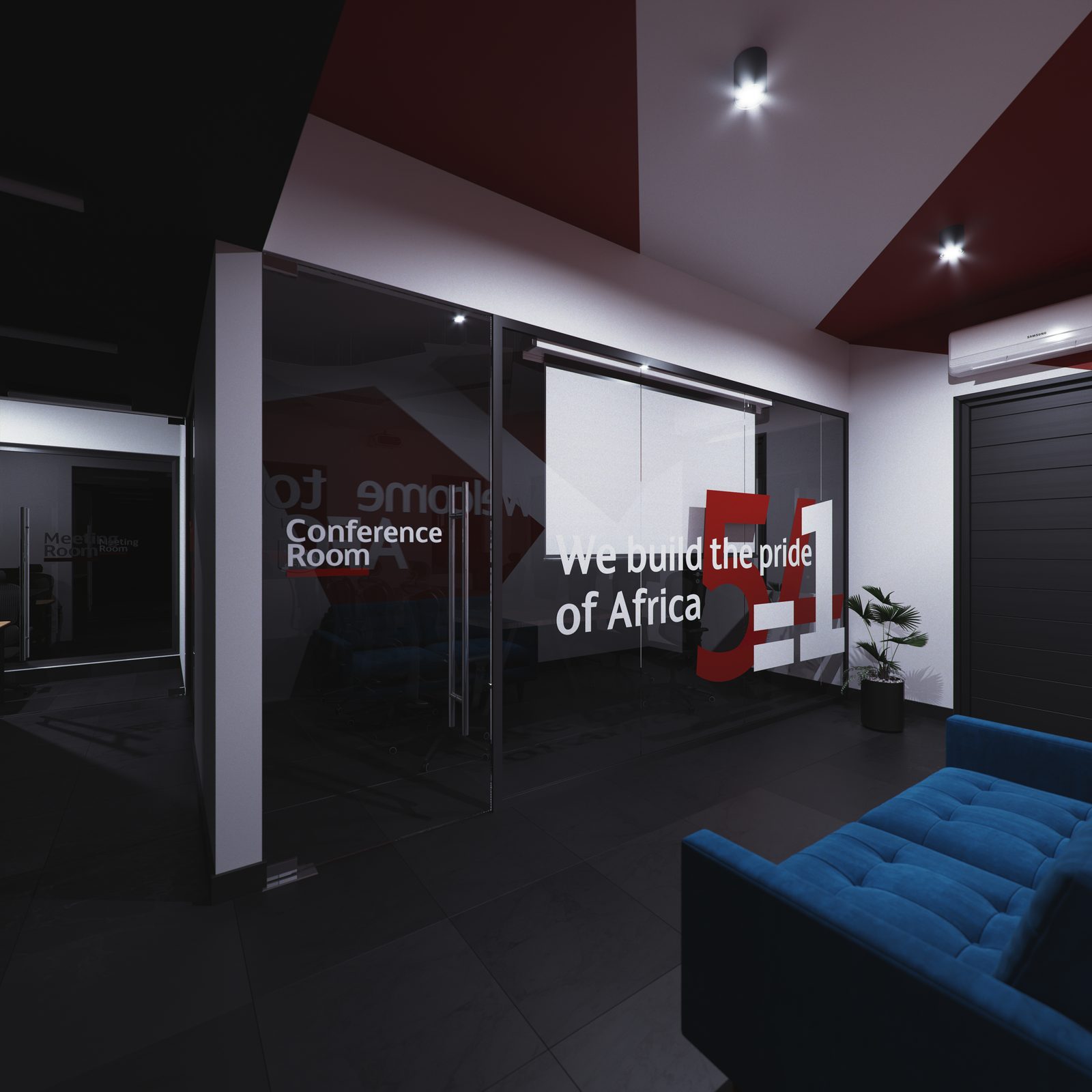 AFG - The same boardroom camera under artificial light, the etched signage and red graphics glowing on the glass.