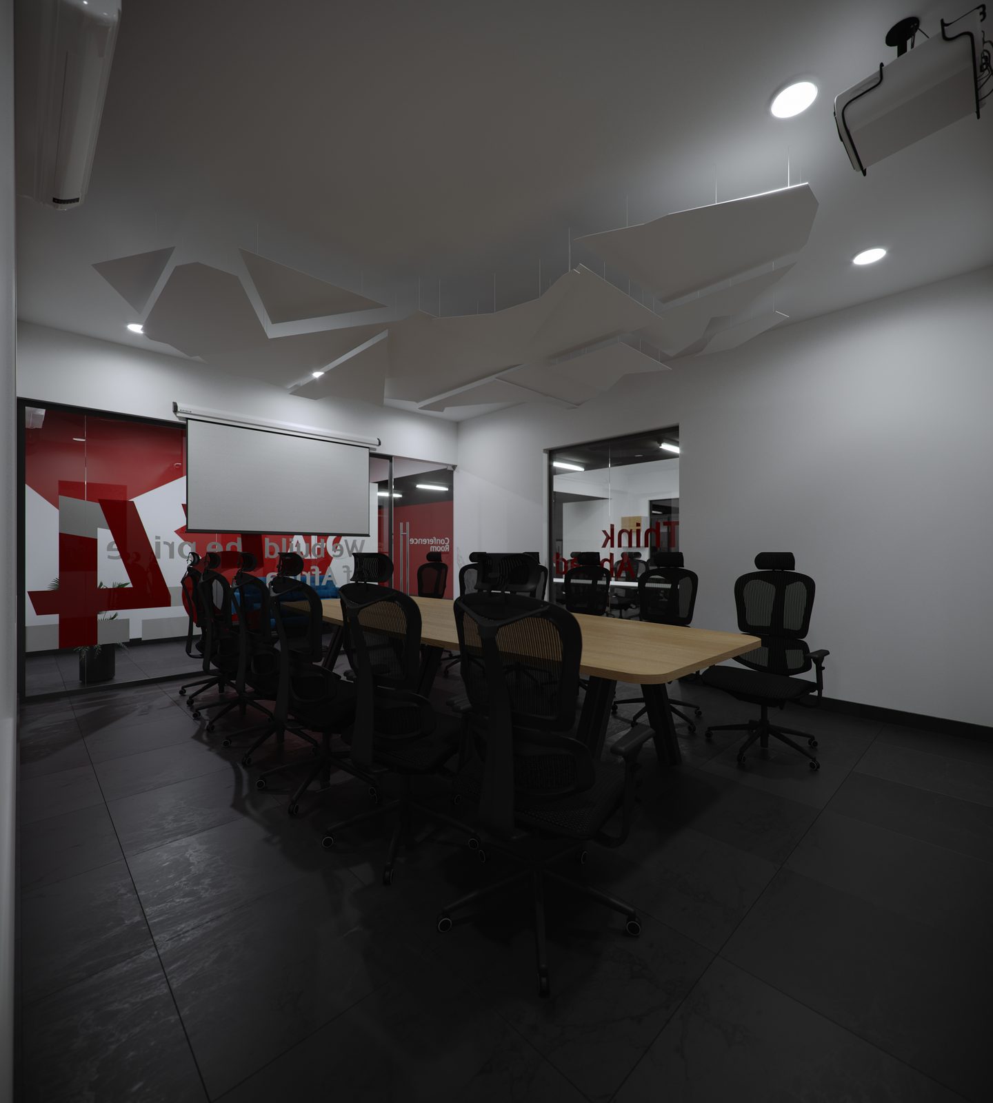 AFG - Boardroom visualisation from the head of the table, showing the faceted ceiling panels and a pull-down projection screen.