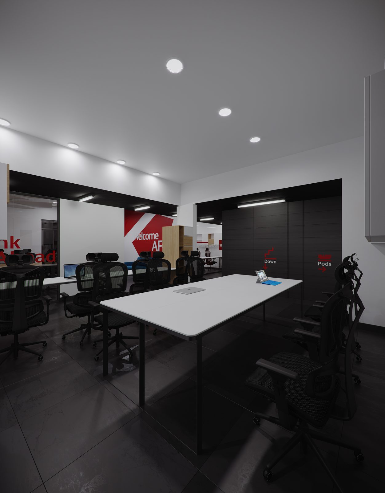 AFG - Open-plan visualisation: bench desks and task chairs under a black ceiling, the AFG graphic wall at the far end.