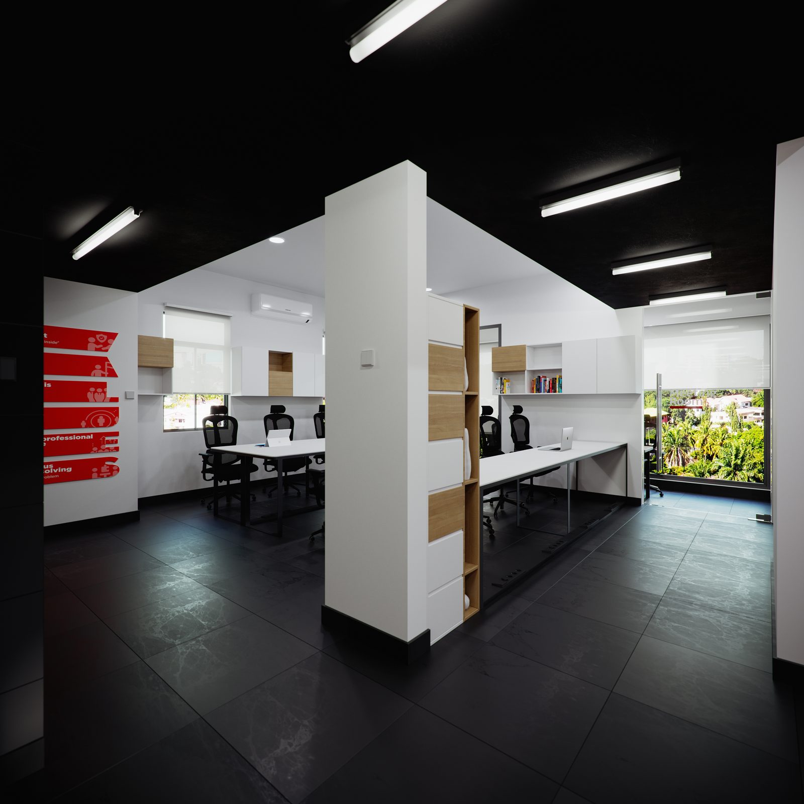 AFG - The open plan from the opposite end, storage fins dividing the desk banks and daylight at the far windows.