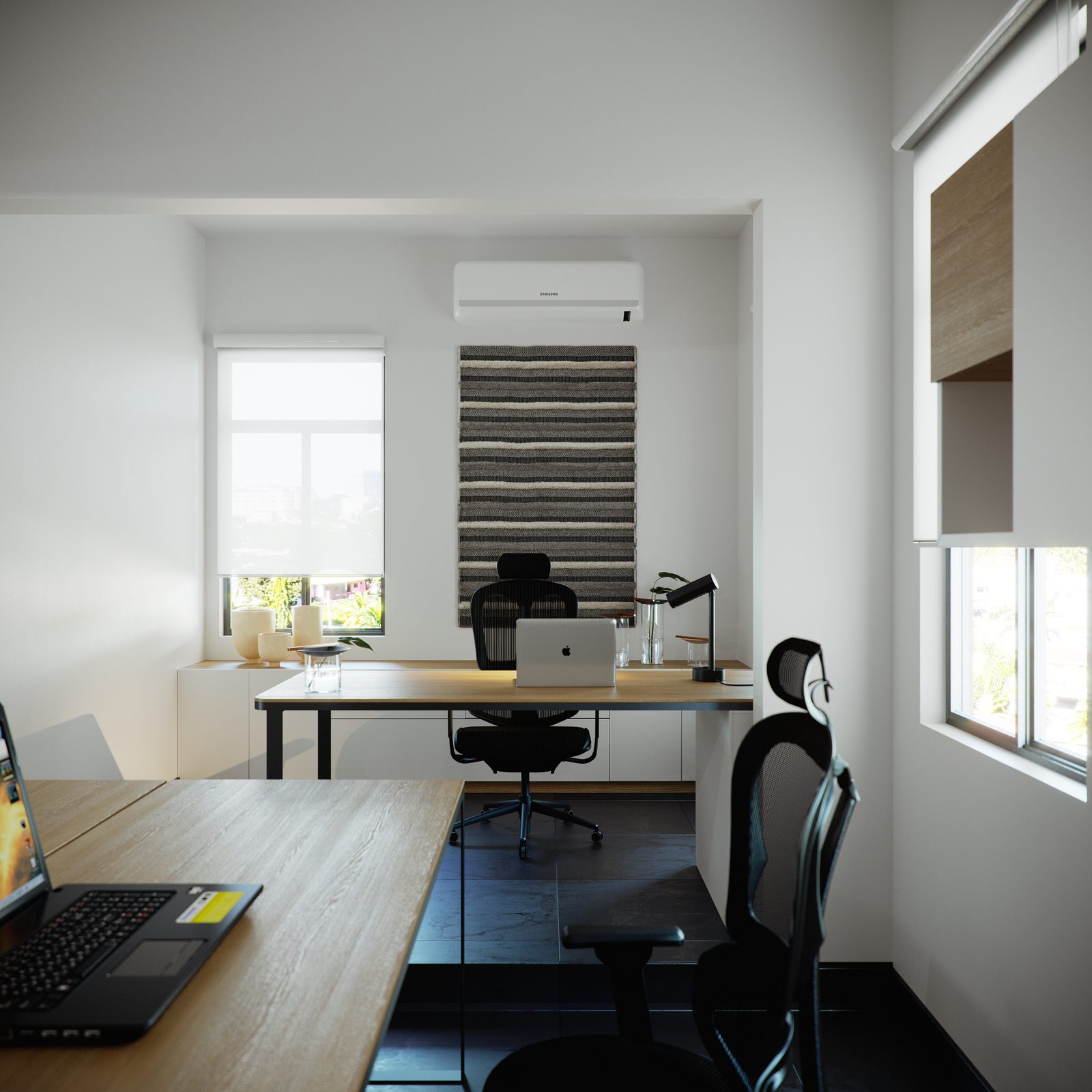 AFG - Management office visualisation, a plywood desk and task chair in a bright white room with textured blinds.