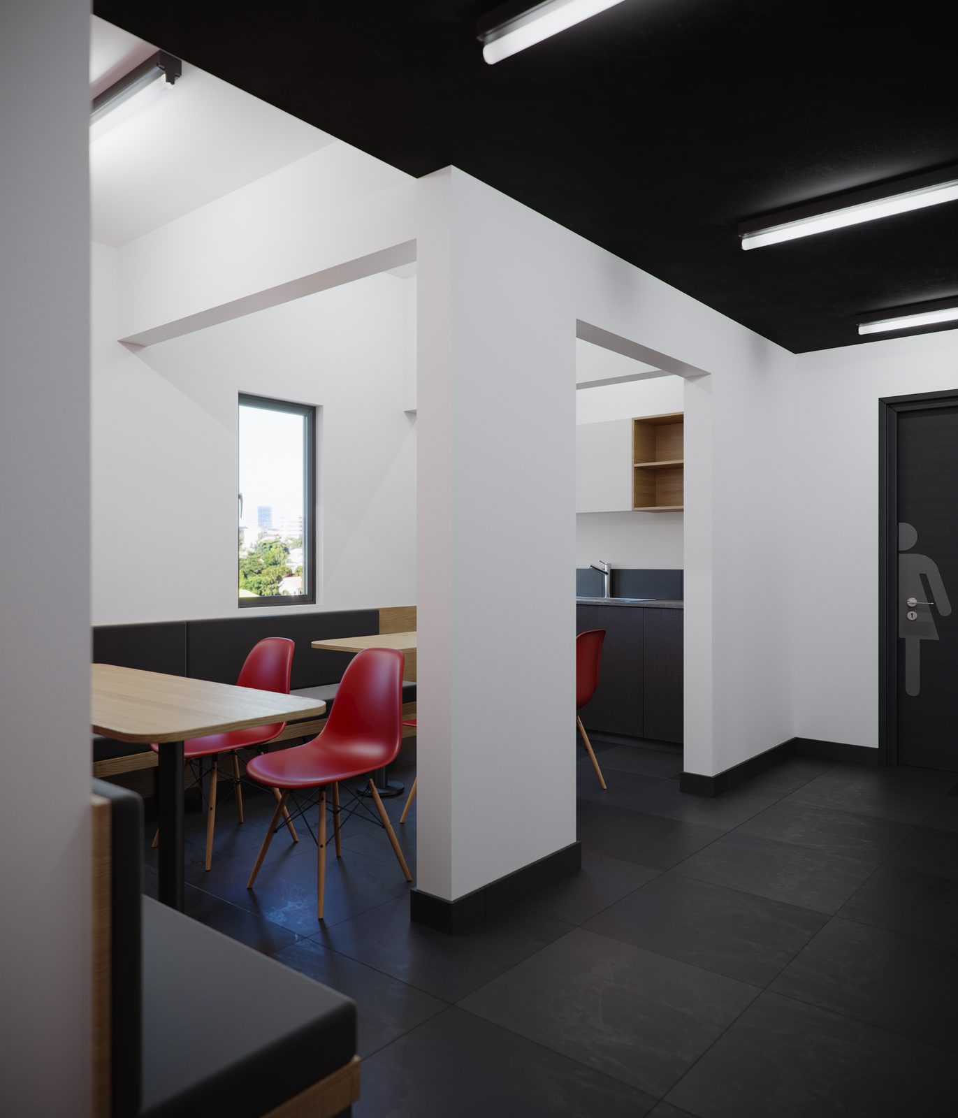 AFG - Pantry visualisation from the doorway, bench seating and red chairs at the counter.