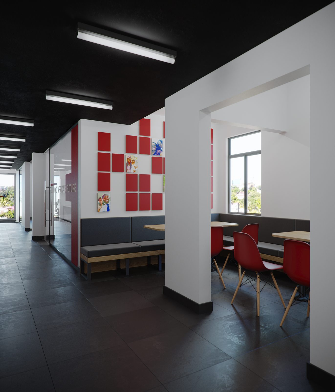 AFG - The pantry from inside, a red-tiled graphic wall, black cabinets and the dining table set with red chairs.